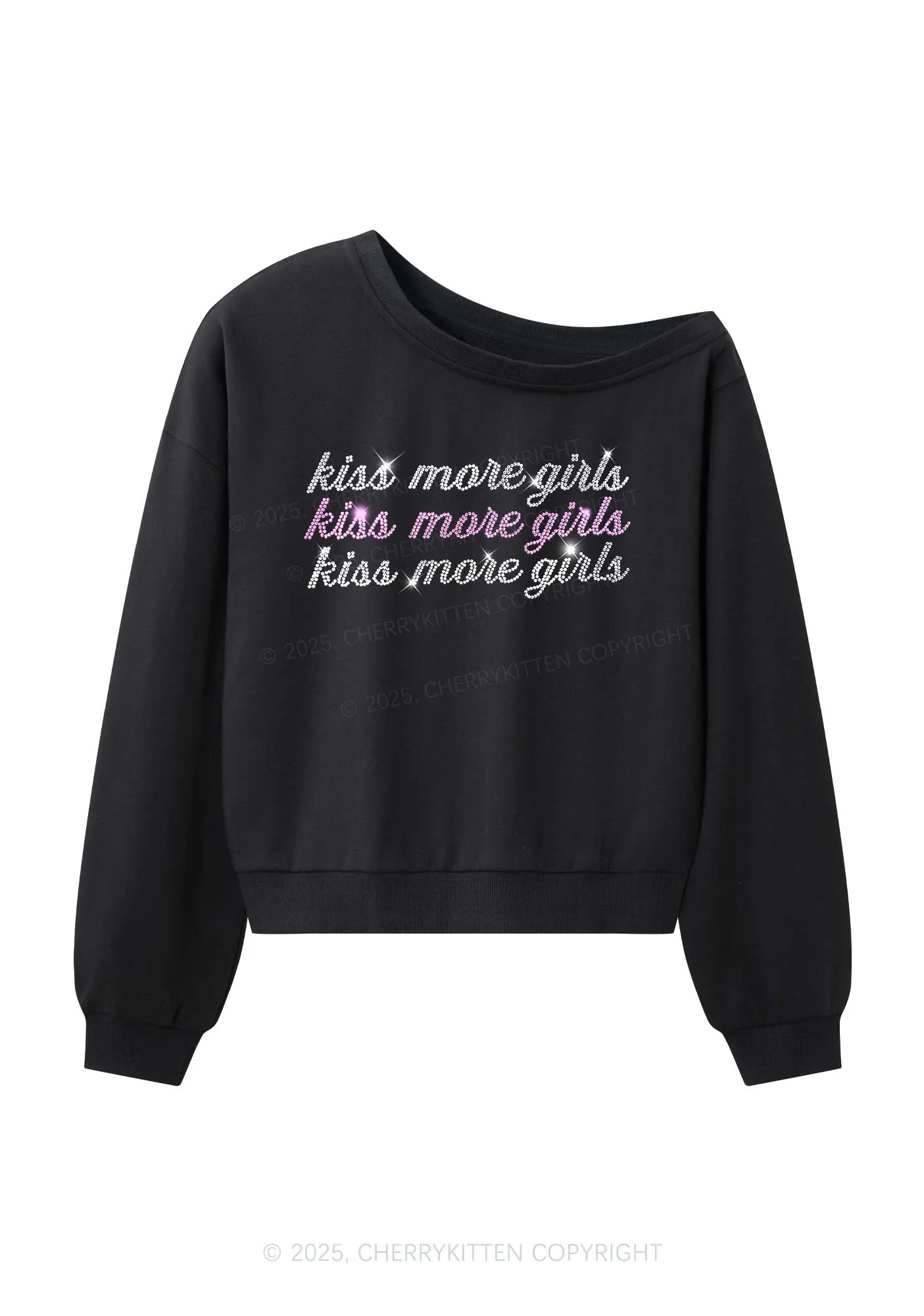 Rhinestone Kiss More Girls Pride Y2K Off Shoulder Sweatshirts Cherrykitten - Image 3