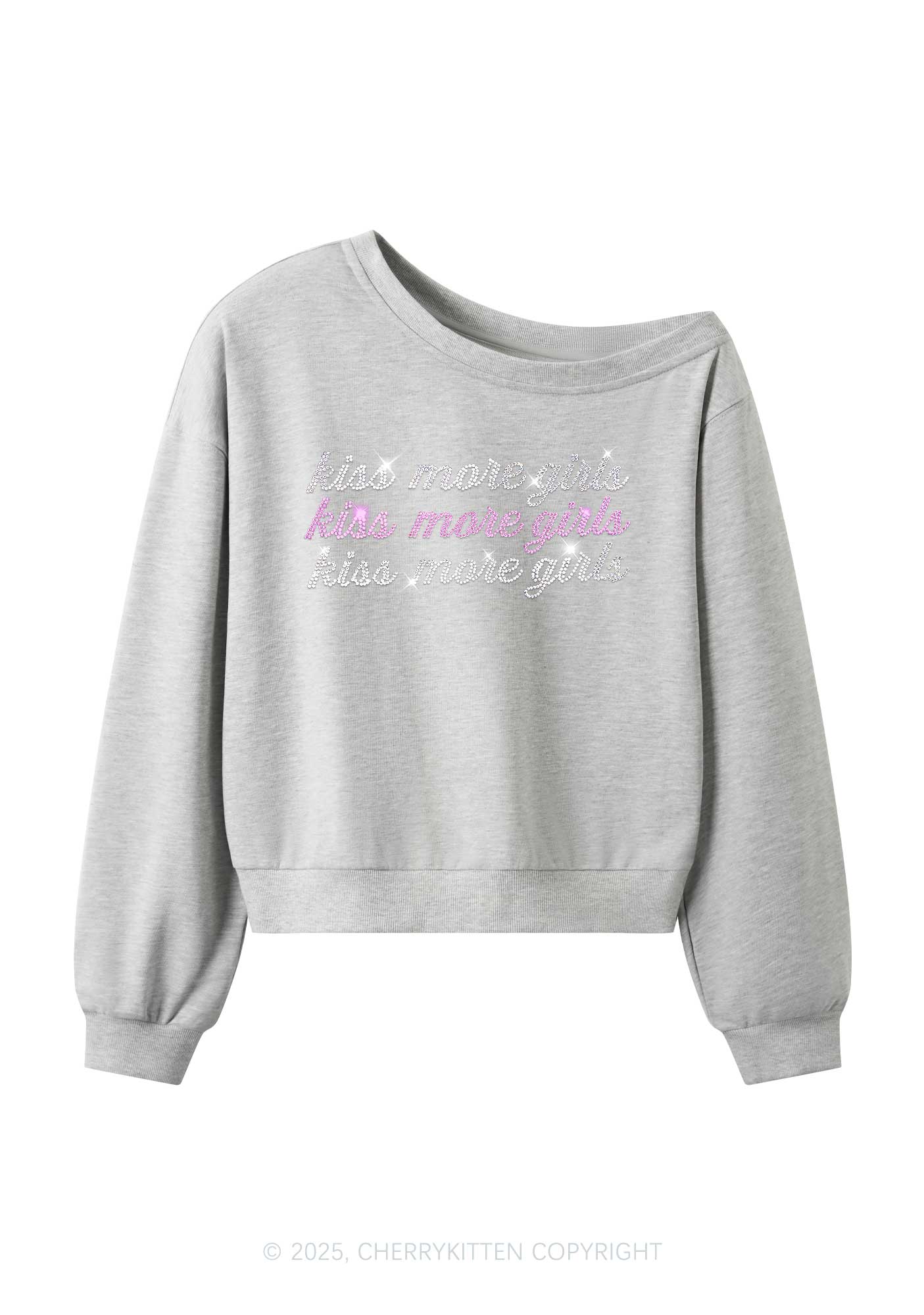 Rhinestone Kiss More Girls Pride Y2K Off Shoulder Sweatshirts Cherrykitten - Image 4