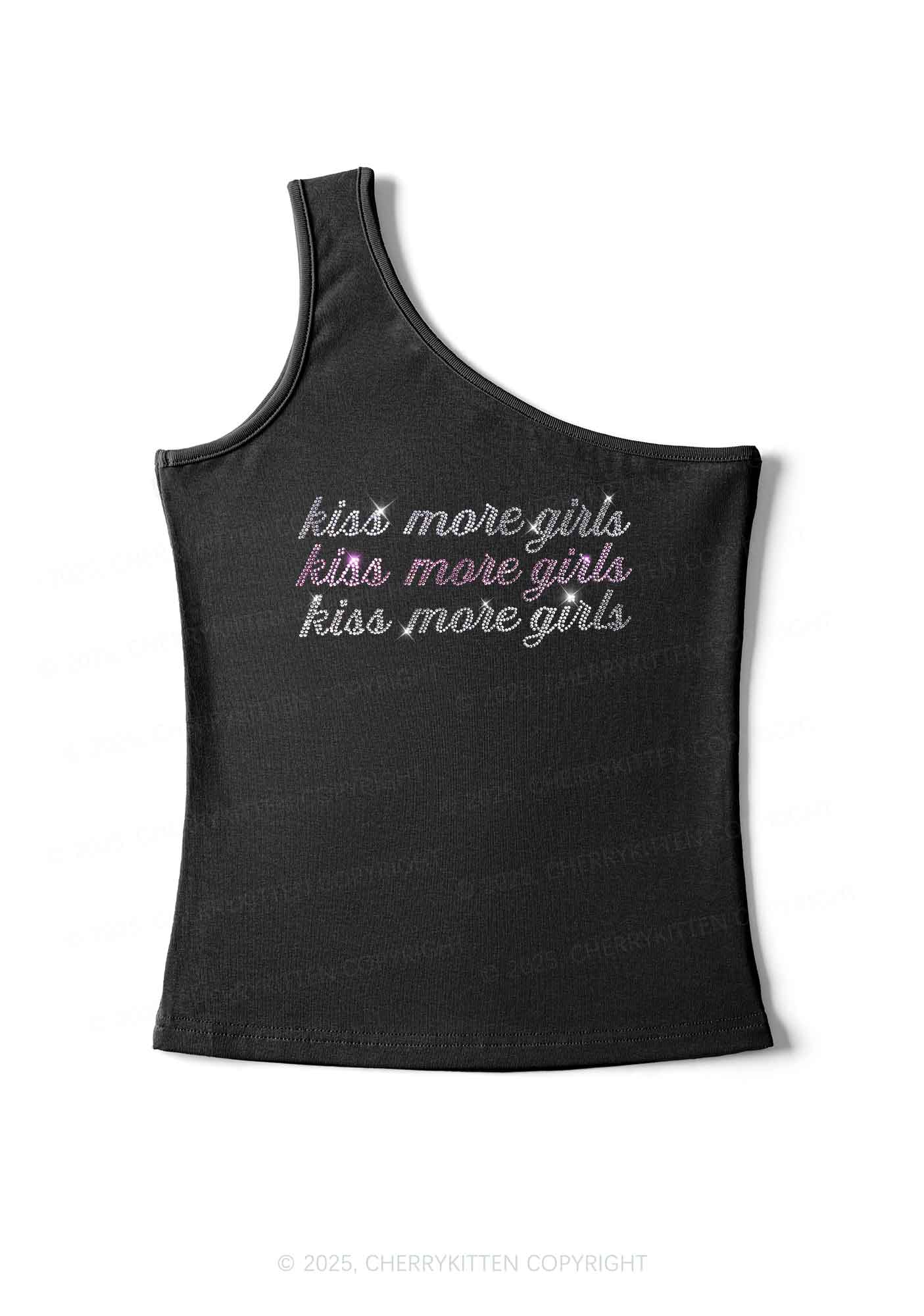 Rhinestone Kiss More Girls Pride Y2K One Shoulder Tank Top Cherrykitten - Image 2