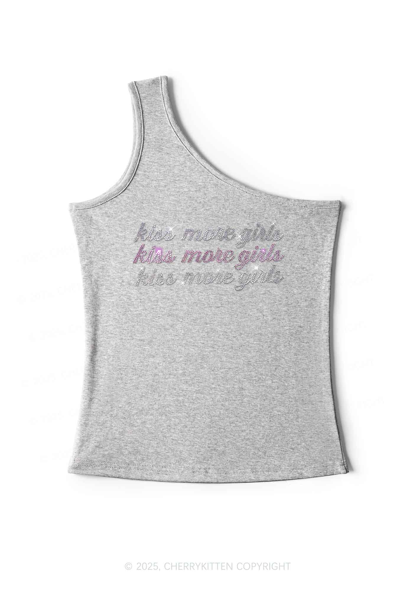 Rhinestone Kiss More Girls Pride Y2K One Shoulder Tank Top Cherrykitten - Image 3