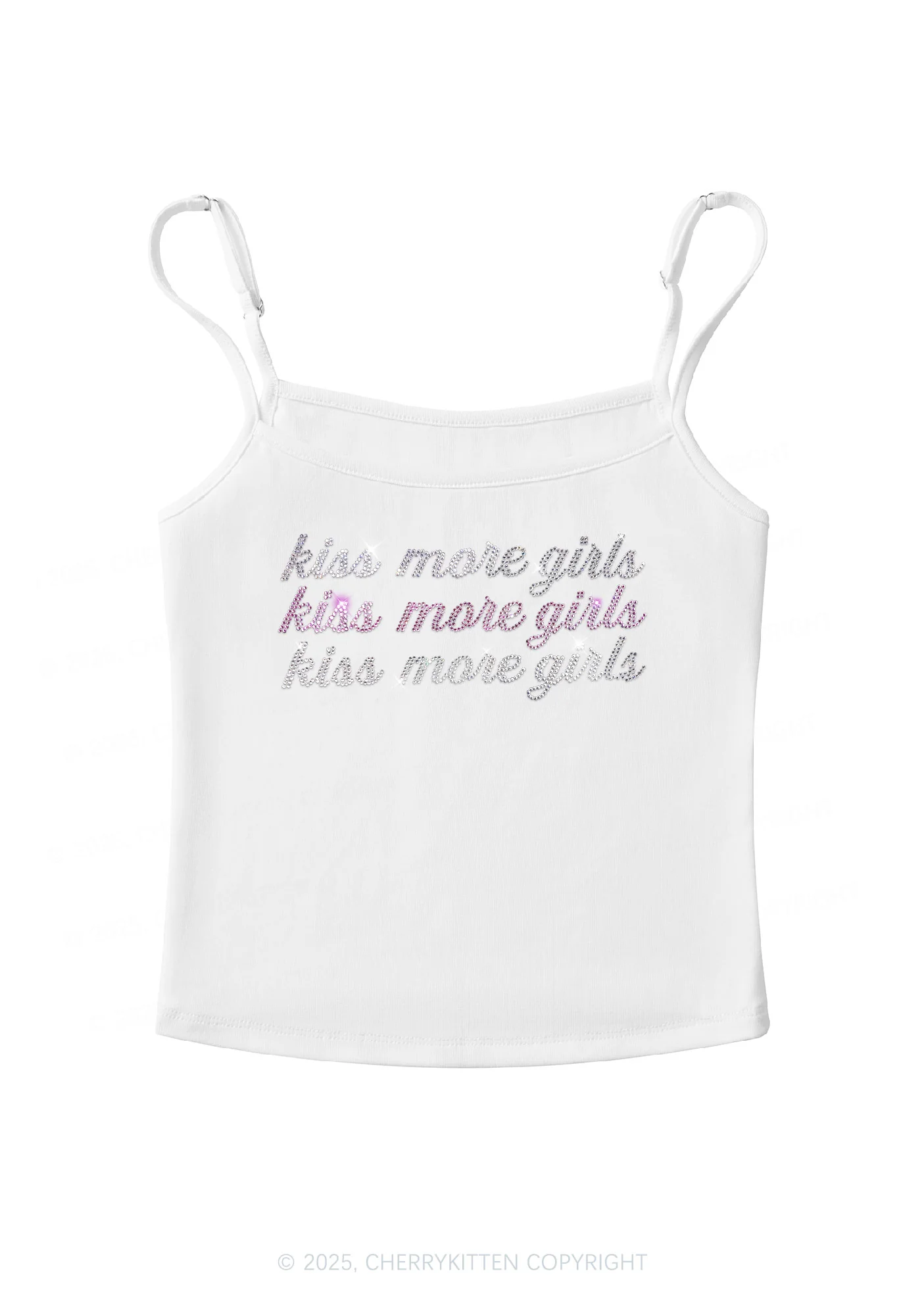 Rhinestone Kiss More Girls Pride Y2K Spaghetti Strap Cami Cherrykitten - Image 3
