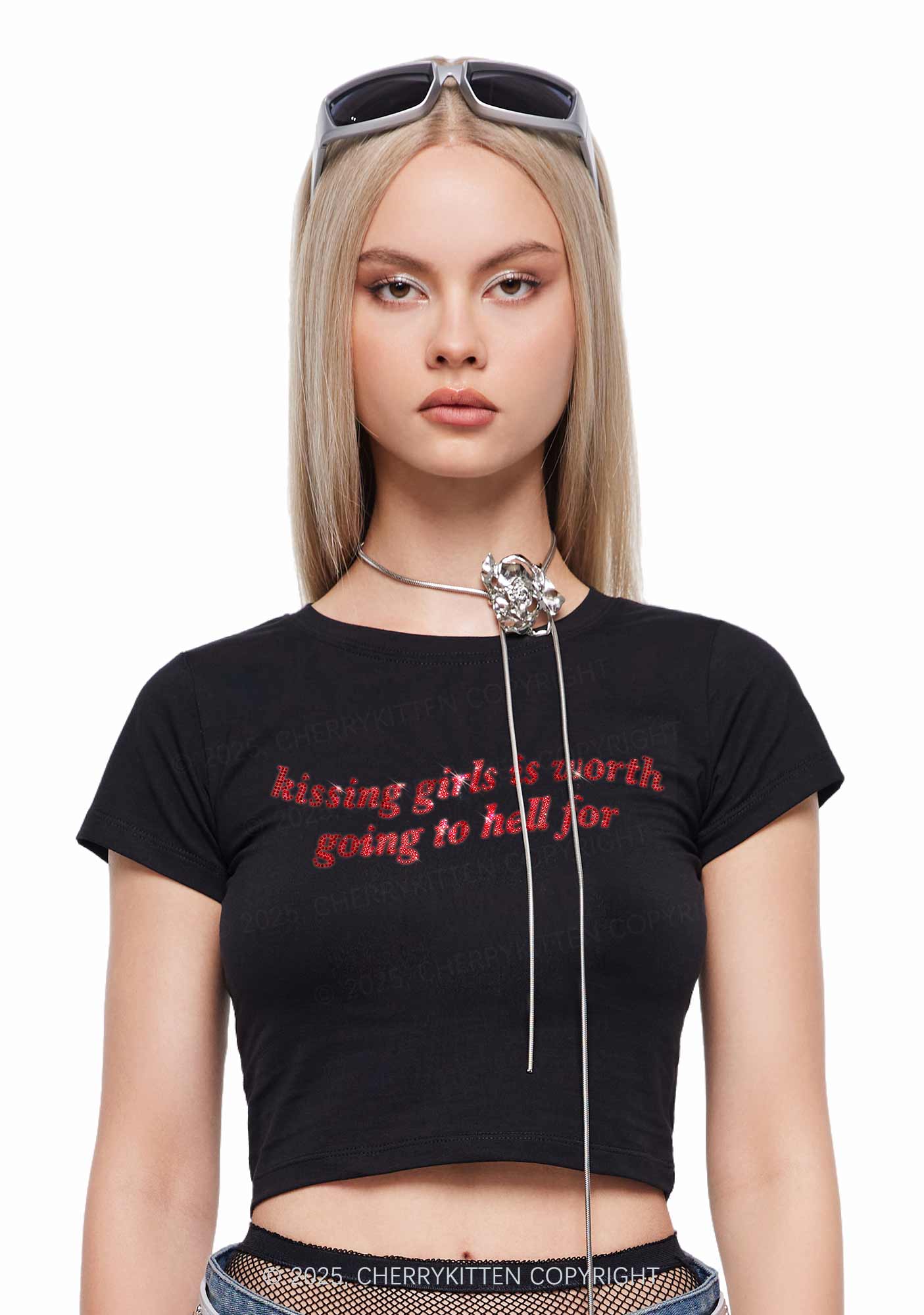Rhinestone Kissing Girls is Worth Pride Y2K Baby Tee Cherrykitten - Image 3