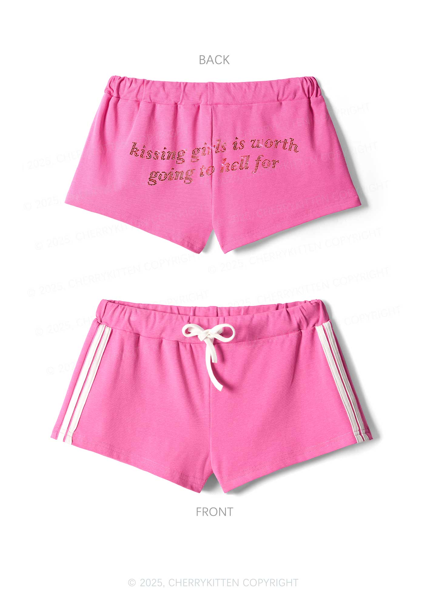 Rhinestone Kissing Girls is Worth Pride Y2K Drawstring Mini Shorts Cherrykitten - Image 4