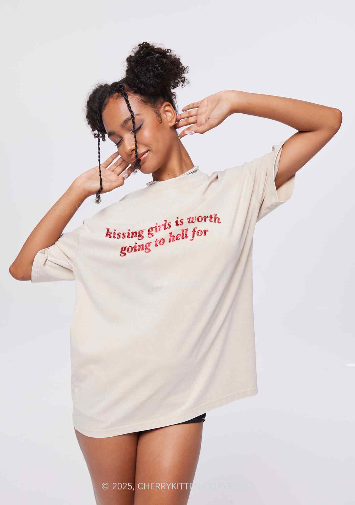 Rhinestone Kissing Girls is Worth Pride Y2K Shirts Washed Tee Cherrykitten - Image 2