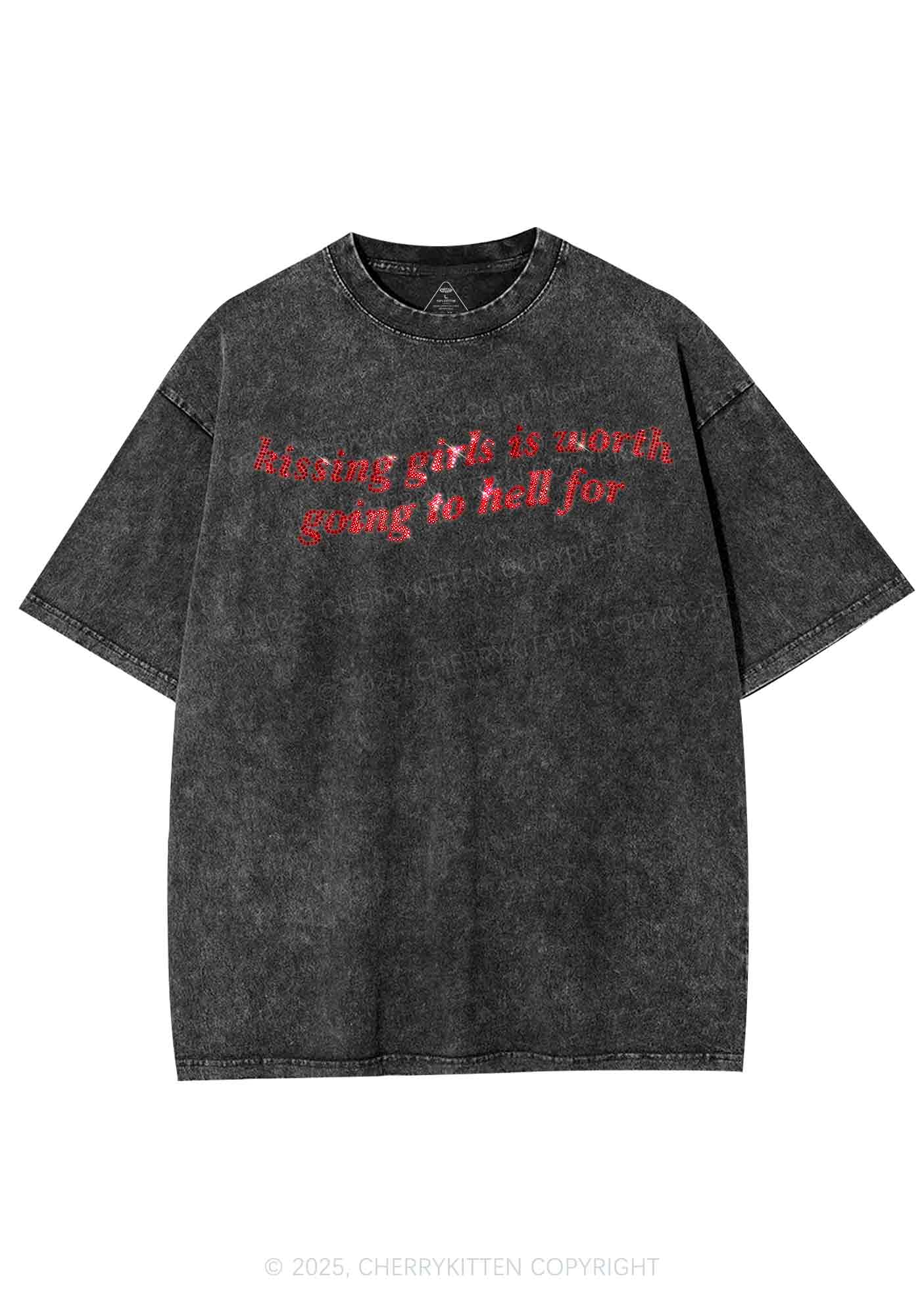 Rhinestone Kissing Girls is Worth Pride Y2K Shirts Washed Tee Cherrykitten - Image 3