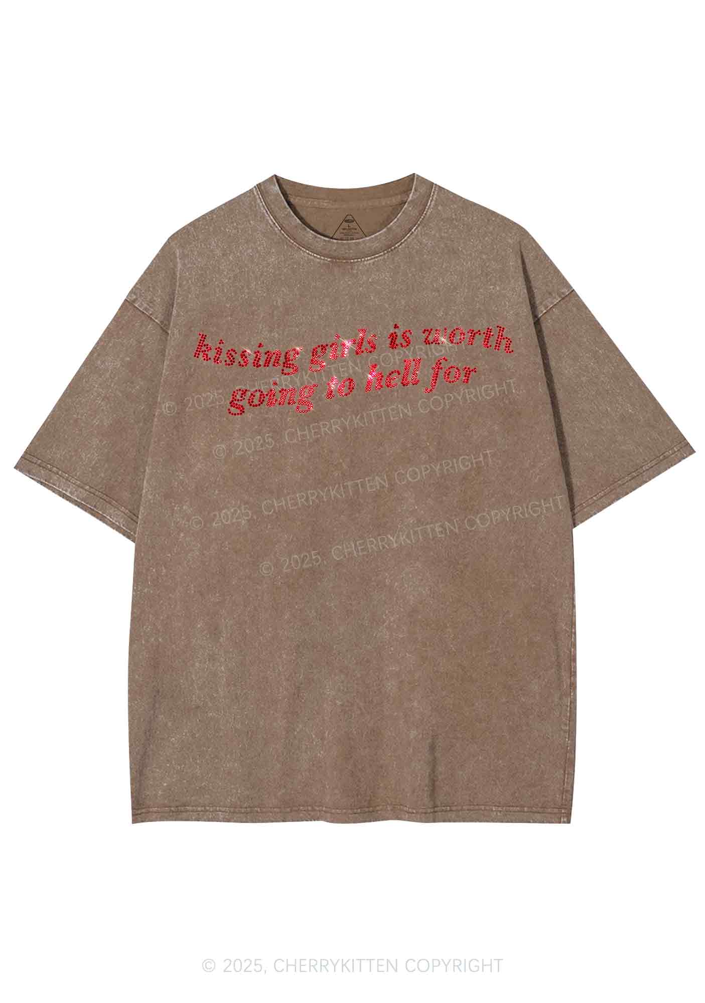 Rhinestone Kissing Girls is Worth Pride Y2K Shirts Washed Tee Cherrykitten - Image 5