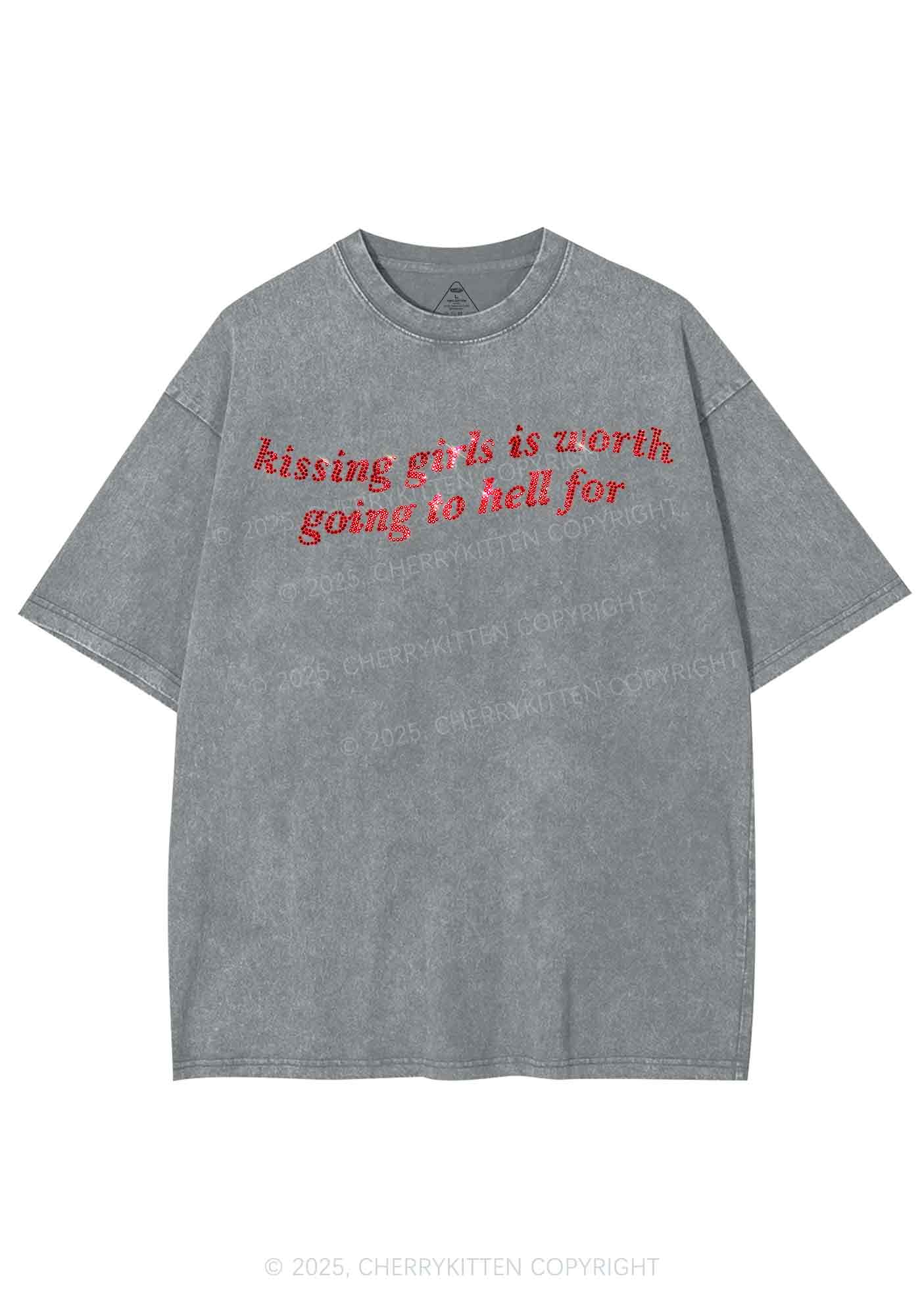 Rhinestone Kissing Girls is Worth Pride Y2K Shirts Washed Tee Cherrykitten - Image 6