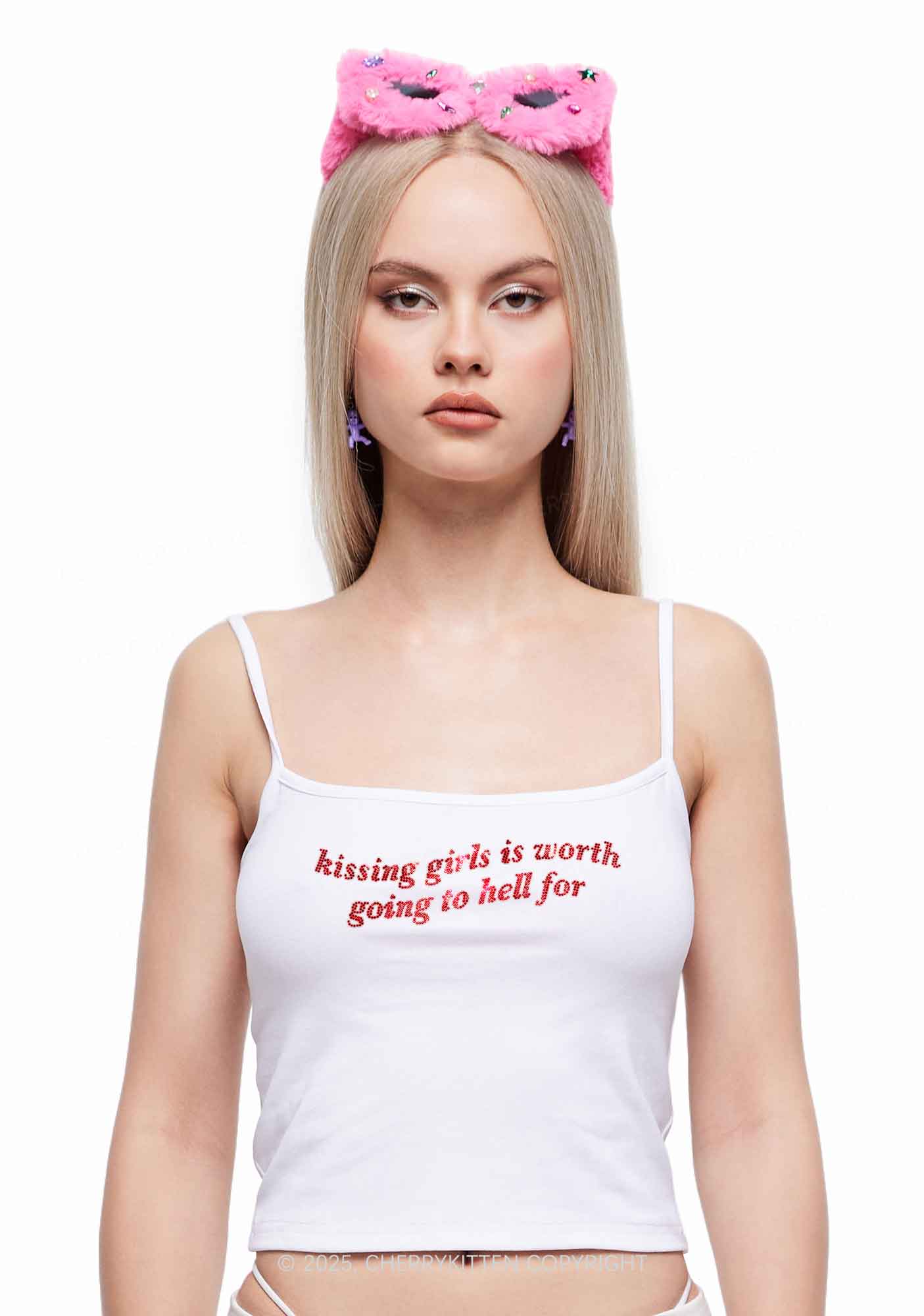 Rhinestone Kissing Girls is Worth Pride Y2K Spaghetti Strap Cami Cherrykitten - Image 2