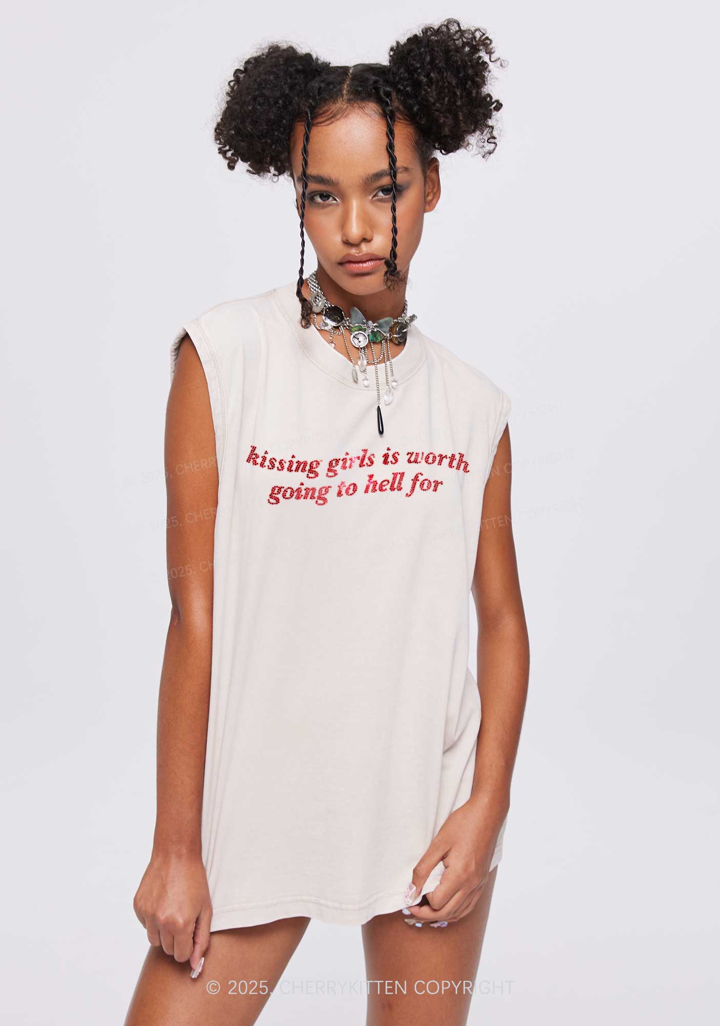 Rhinestone Kissing Girls is Worth Pride Y2K Washed Muscle Tank Cherrykitten - Image 2