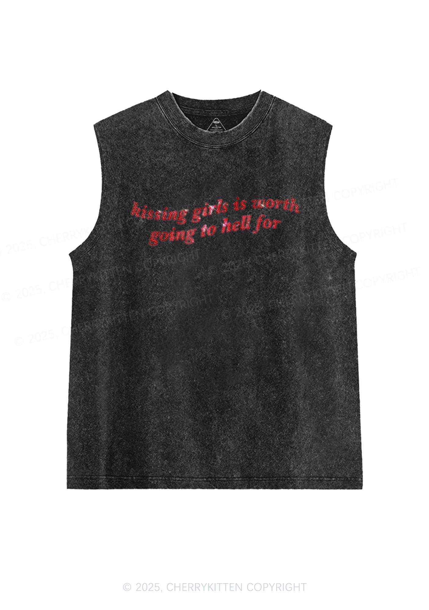 Rhinestone Kissing Girls is Worth Pride Y2K Washed Muscle Tank Cherrykitten - Image 3