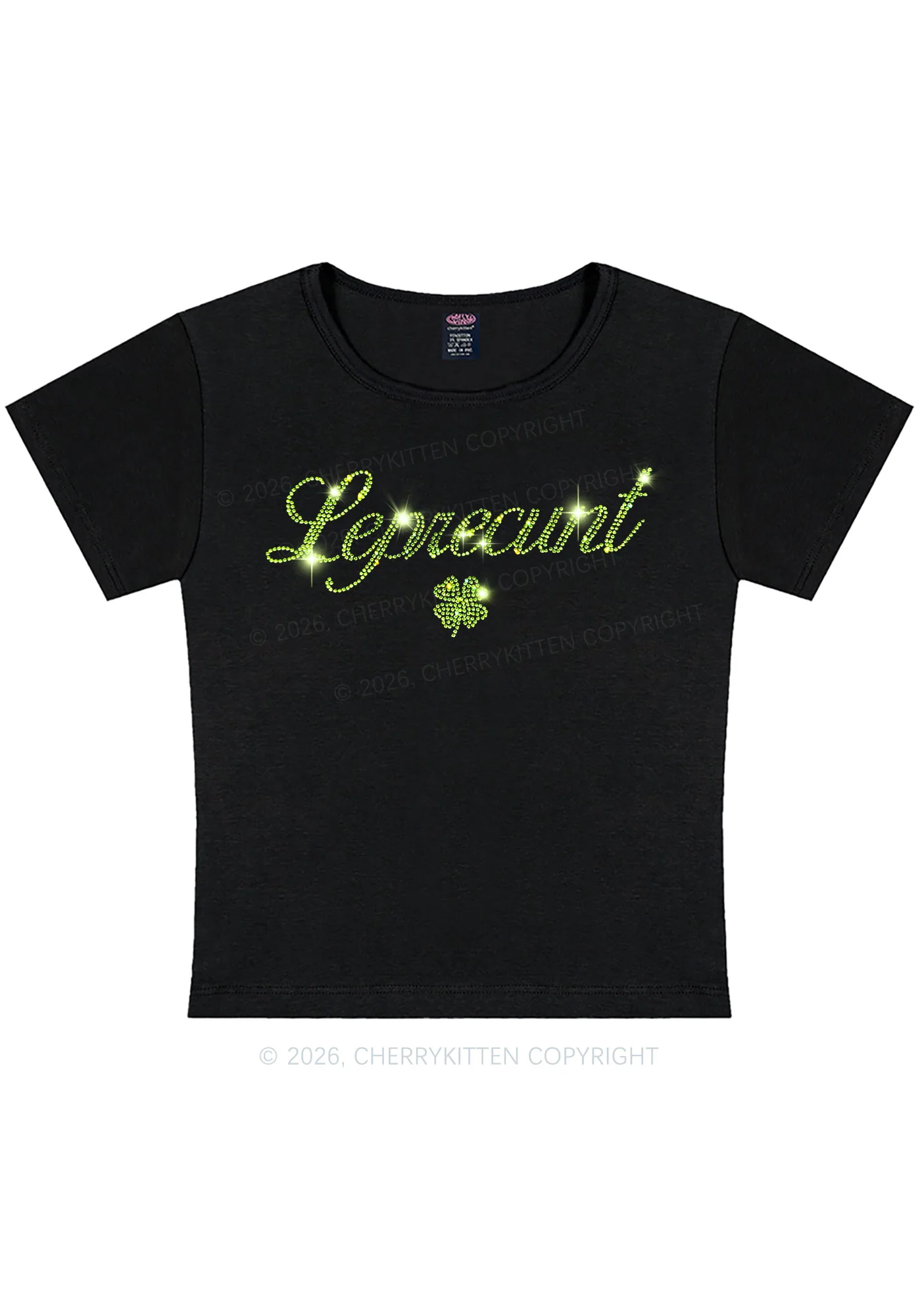 Rhinestone Leprecunt St Patricks Y2K Baby Tee Cherrykitten - Image 3