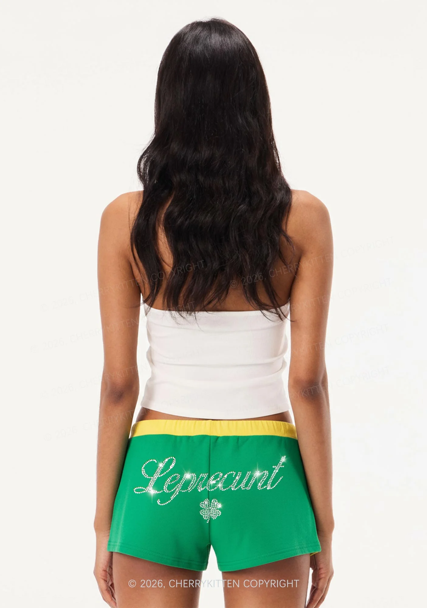 Rhinestone Leprecunt St Patricks Y2K Drawstring Mini Shorts Cherrykitten - Image 2