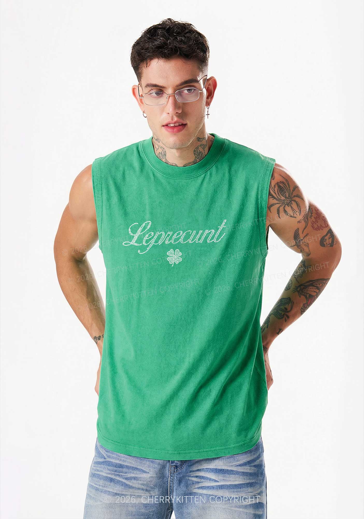 Rhinestone Leprecunt Y2K Washed Muscle Tank Cherrykitten - Image 2