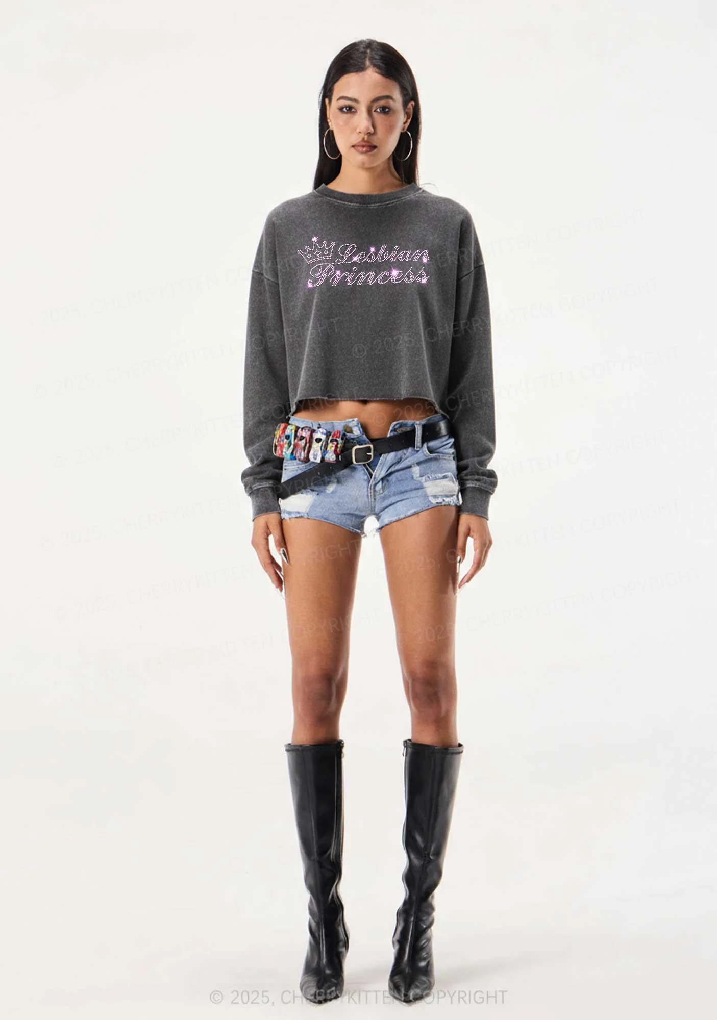 Rhinestone Lesbian Princess Pride Y2K Crop Washed Sweatshirts Cherrykitten - Image 2