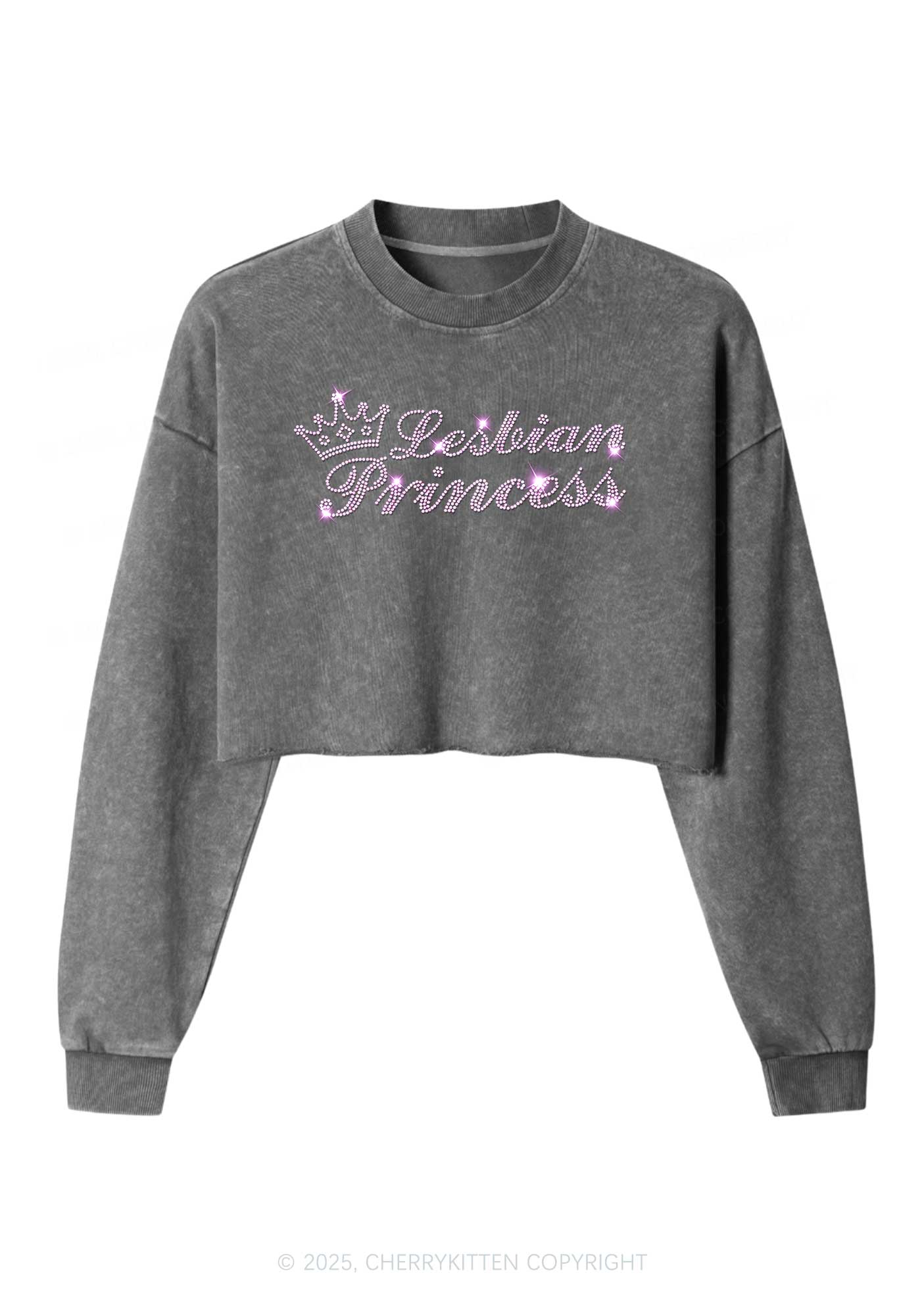 Rhinestone Lesbian Princess Pride Y2K Crop Washed Sweatshirts Cherrykitten - Image 3