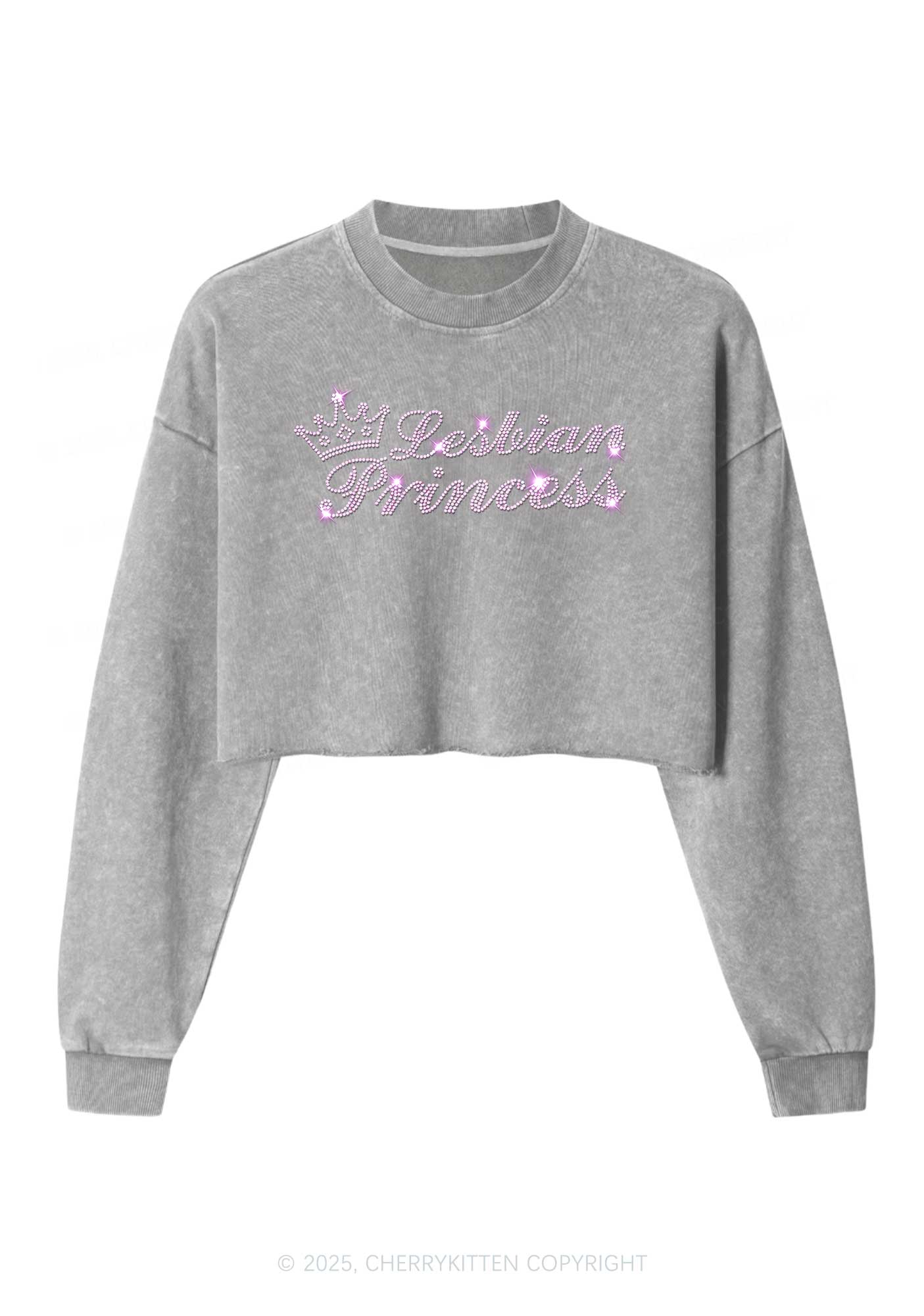 Rhinestone Lesbian Princess Pride Y2K Crop Washed Sweatshirts Cherrykitten - Image 4