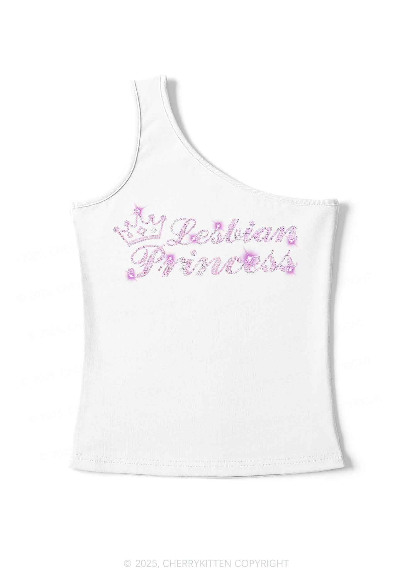 Rhinestone Lesbian Princess Pride Y2K One Shoulder Tank Top Cherrykitten - Image 2