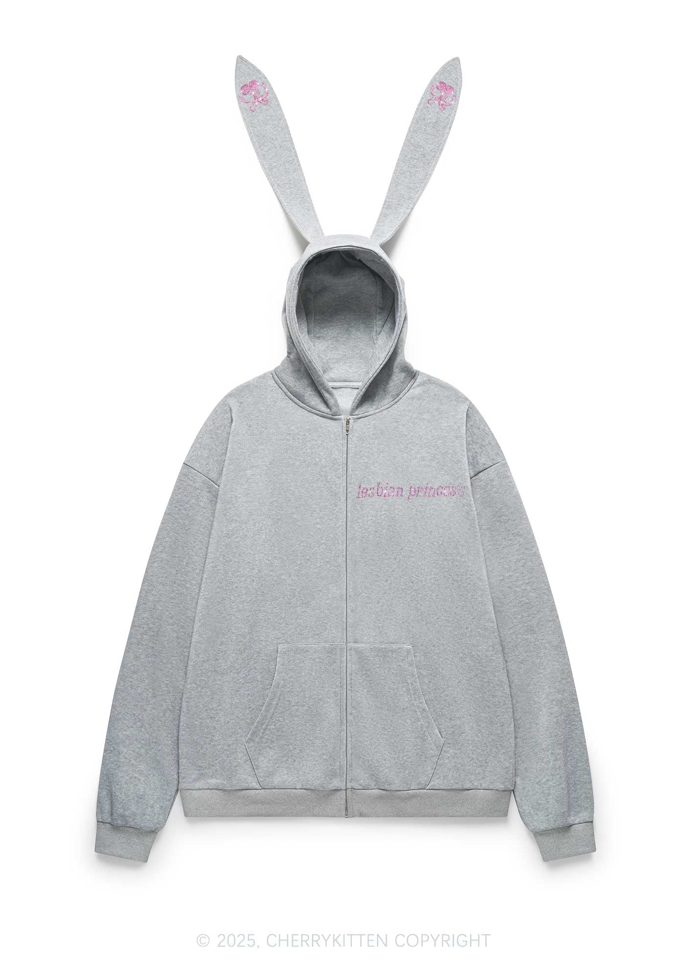 Rhinestone Lesbian Princess Y2K Bunny Ear Zip Hoodie Cherrykitten - Image 3