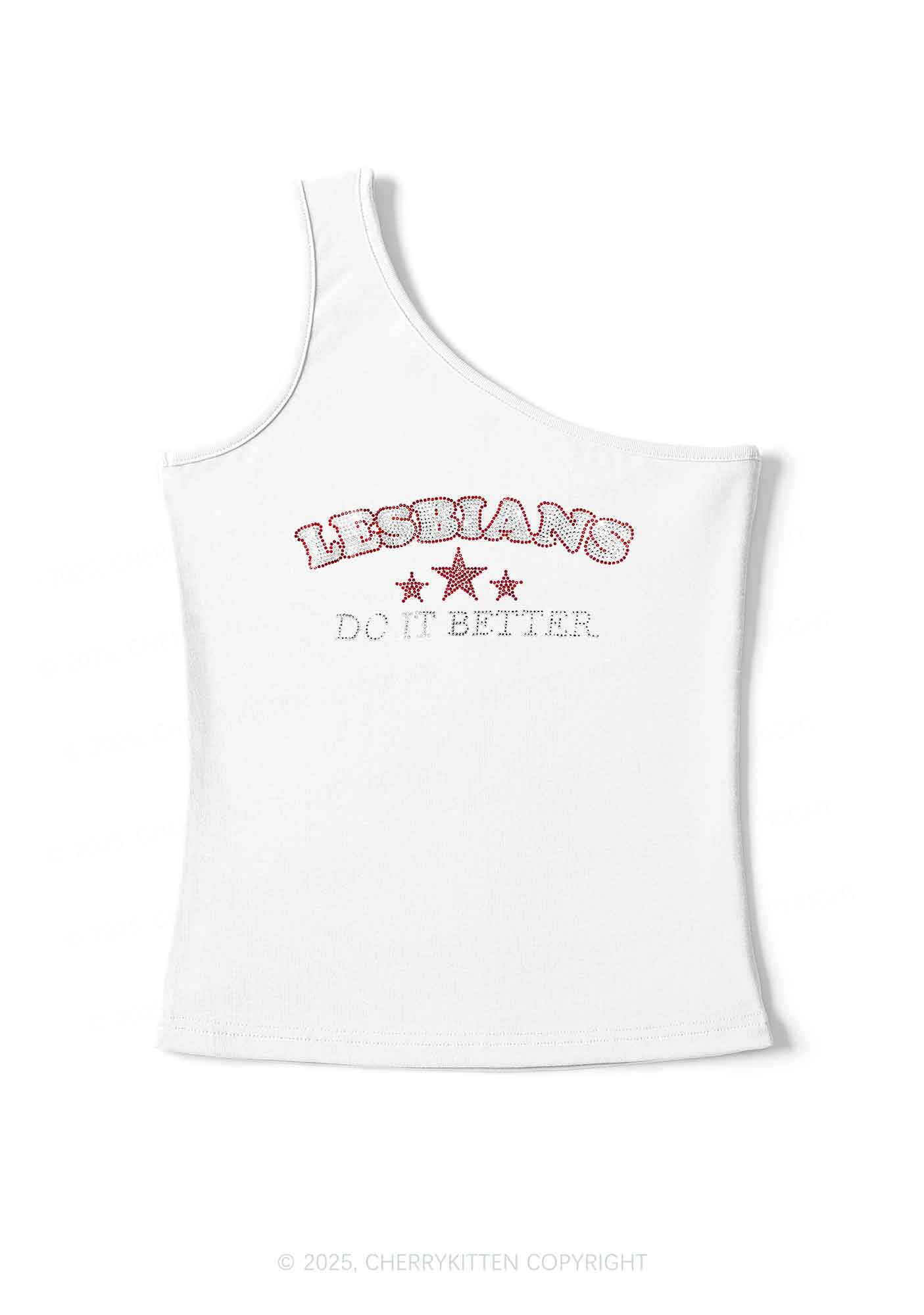 Rhinestone Lesbians Do It Better Pride Y2K One Shoulder Tank Top Cherrykitten - Image 2