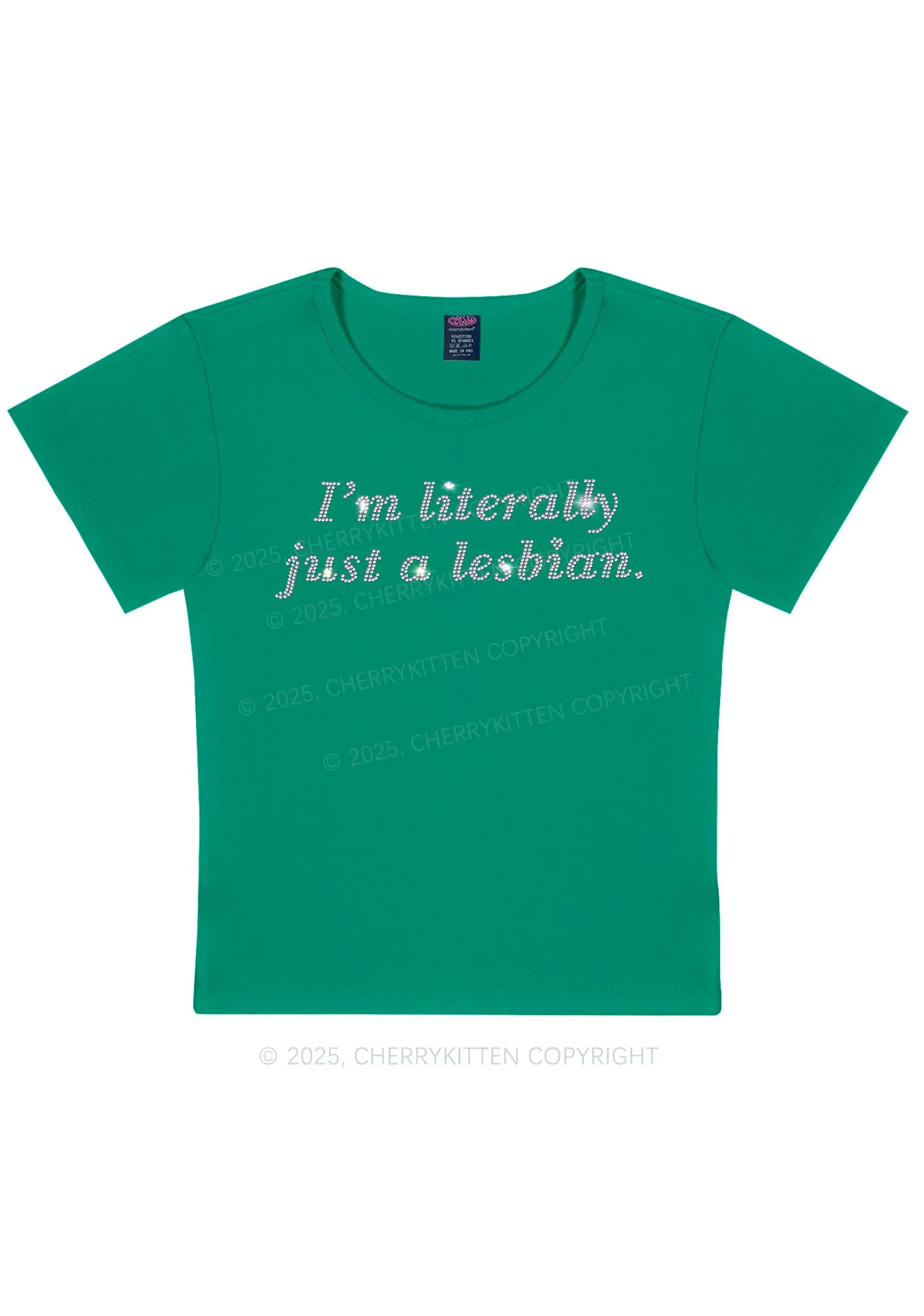 Rhinestone Literally Just A Lesbian Pride Y2K Baby Tee Cherrykitten - Image 12
