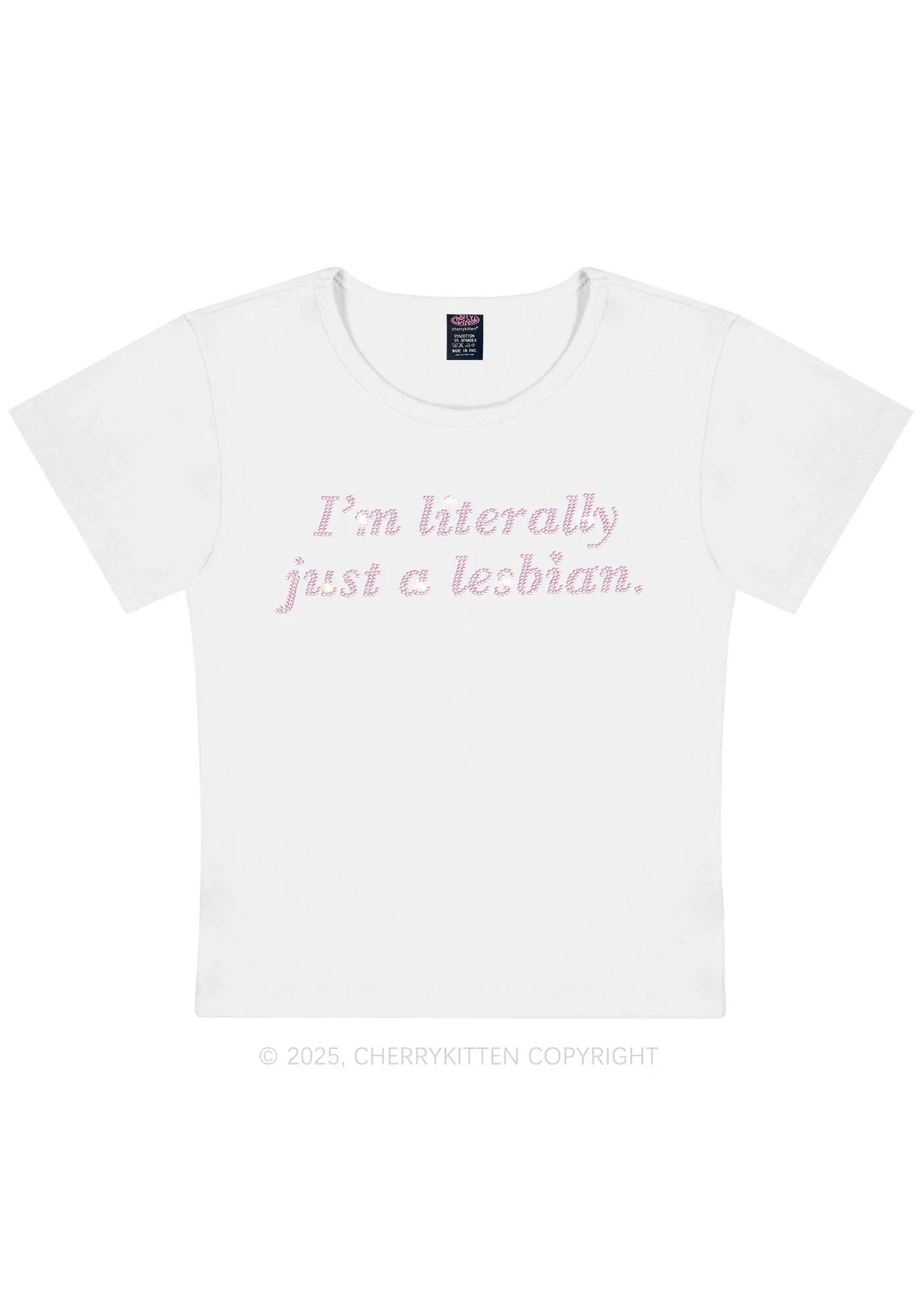 Rhinestone Literally Just A Lesbian Pride Y2K Baby Tee Cherrykitten - Image 4