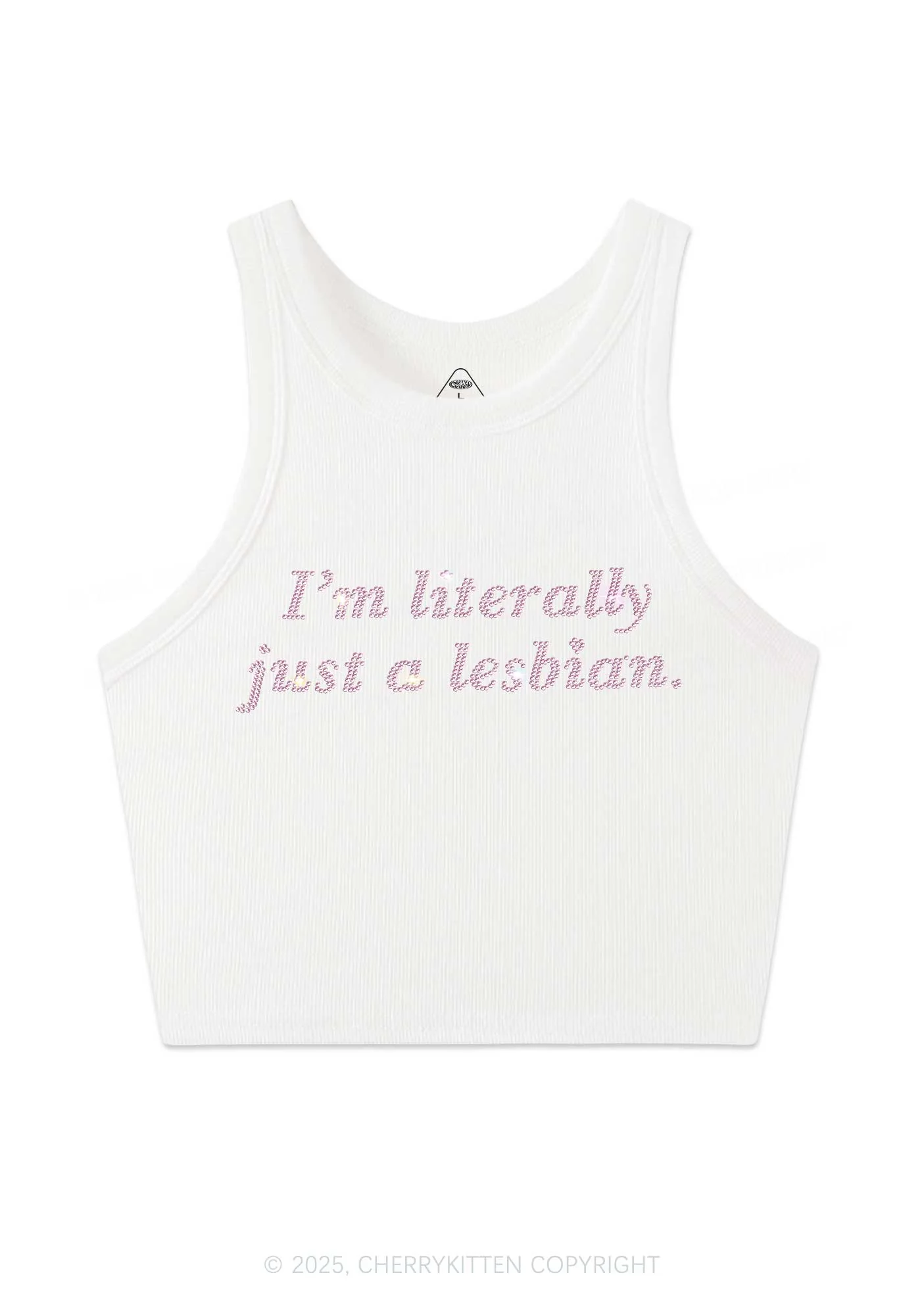 Rhinestone Literally Just A Lesbian Pride Y2K Crop Tank Top Cherrykitten - Image 3