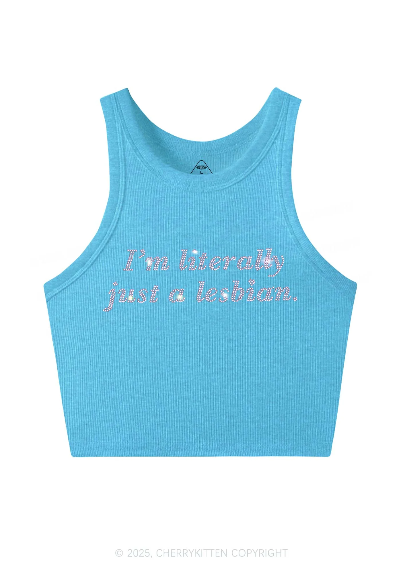 Rhinestone Literally Just A Lesbian Pride Y2K Crop Tank Top Cherrykitten - Image 4