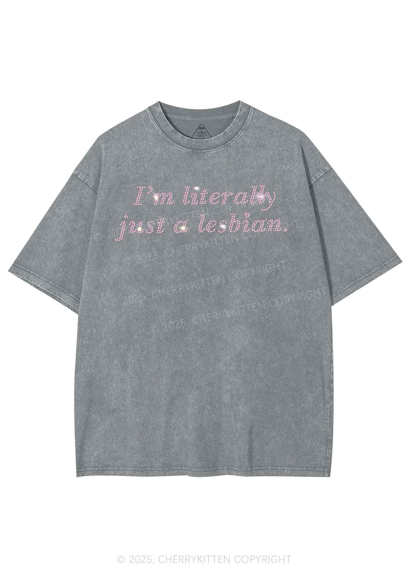 Rhinestone Literally Just A Lesbian Pride Y2K Shirts Washed Tee Cherrykitten - Image 6
