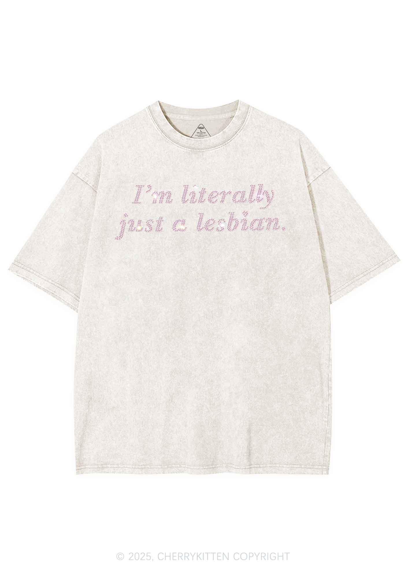 Rhinestone Literally Just A Lesbian Pride Y2K Shirts Washed Tee Cherrykitten - Image 8
