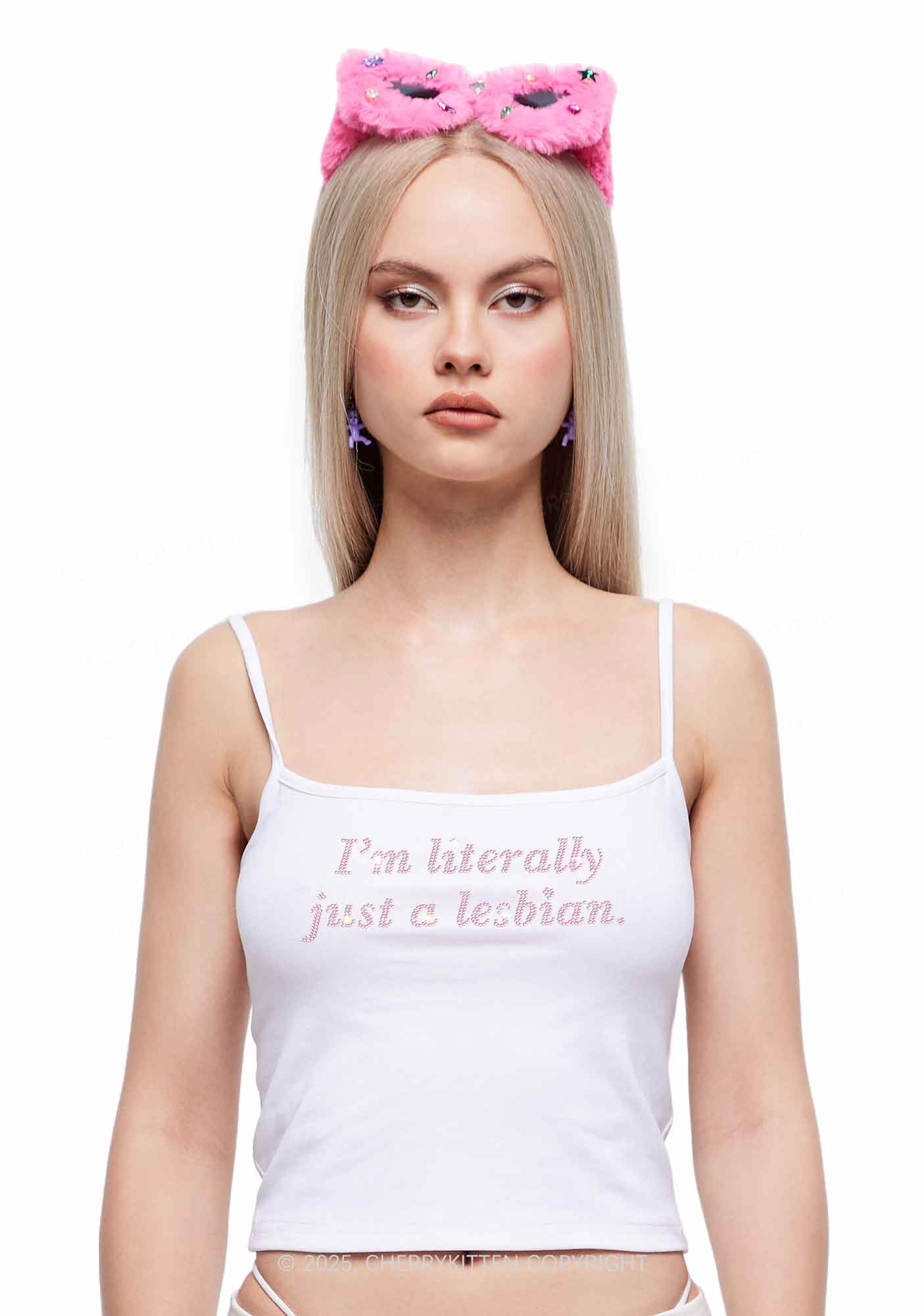 Rhinestone Literally Just A Lesbian Pride Y2K Spaghetti Strap Cami Cherrykitten - Image 2