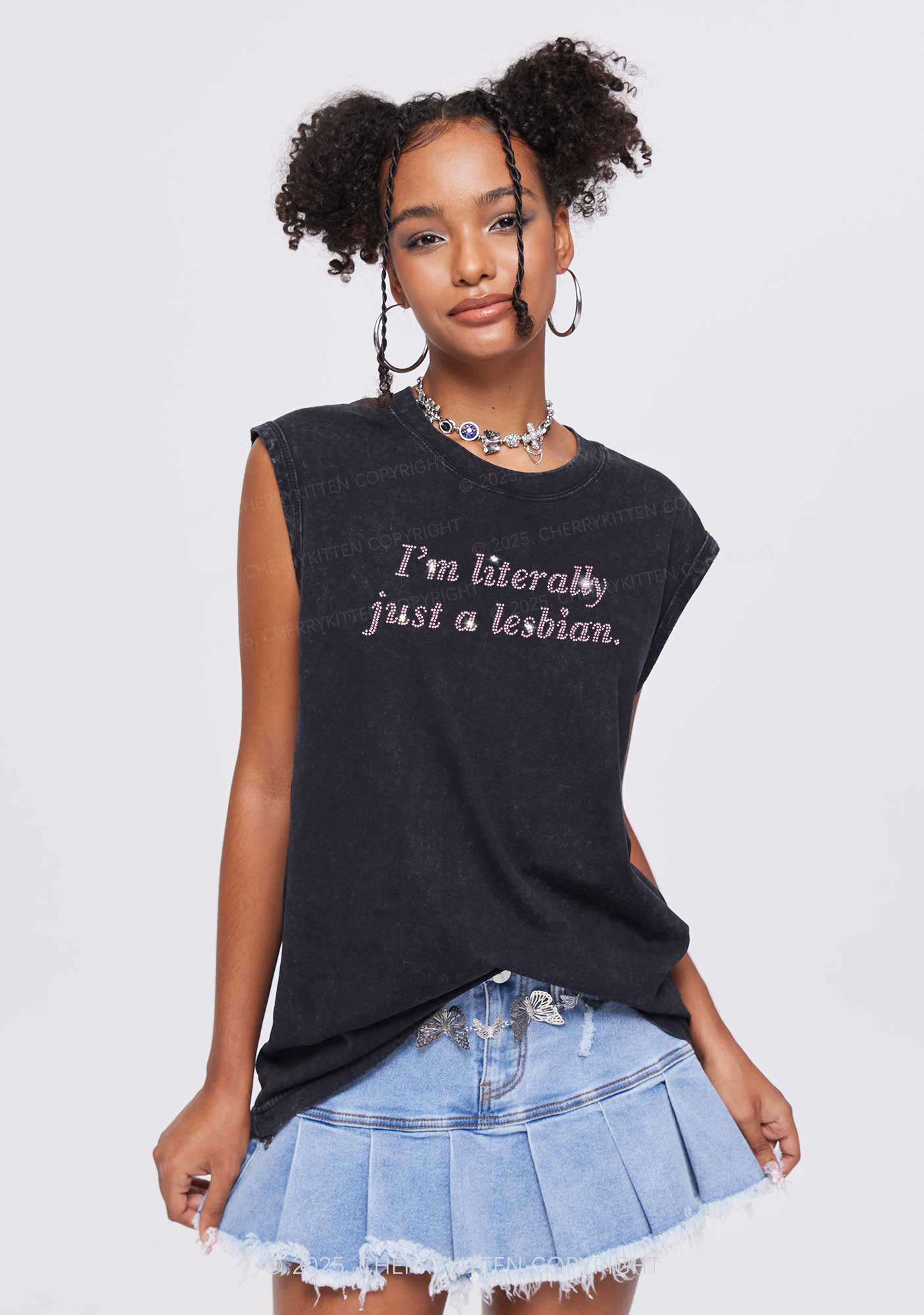 Rhinestone Literally Just A Lesbian Pride Y2K Washed Muscle Tank Cherrykitten - Image 2