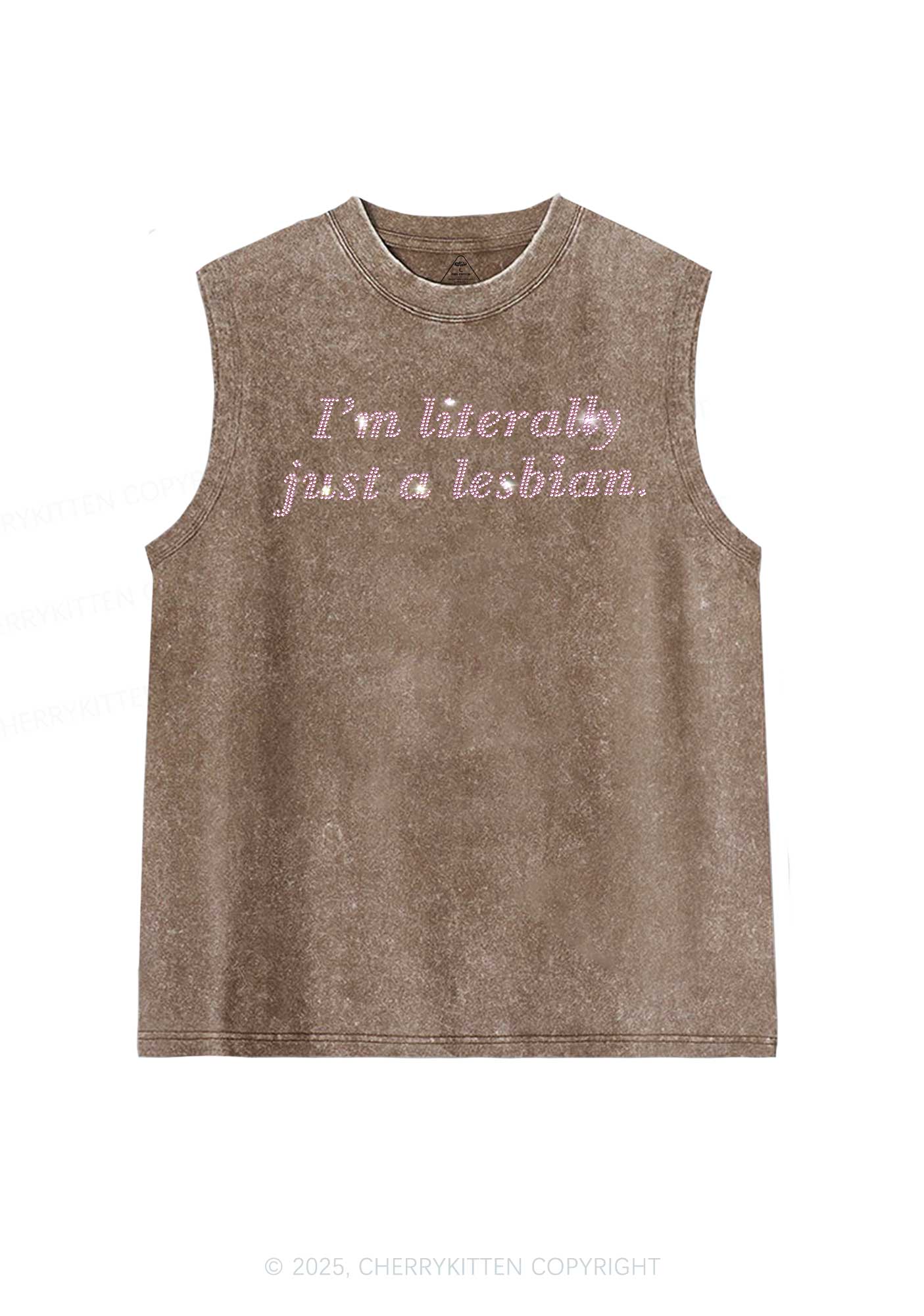 Rhinestone Literally Just A Lesbian Pride Y2K Washed Muscle Tank Cherrykitten - Image 4