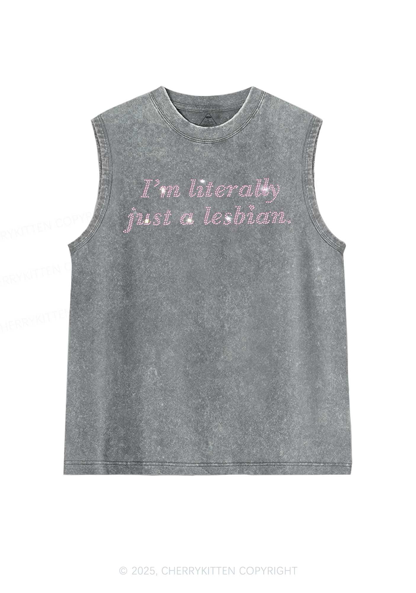 Rhinestone Literally Just A Lesbian Pride Y2K Washed Muscle Tank Cherrykitten - Image 5