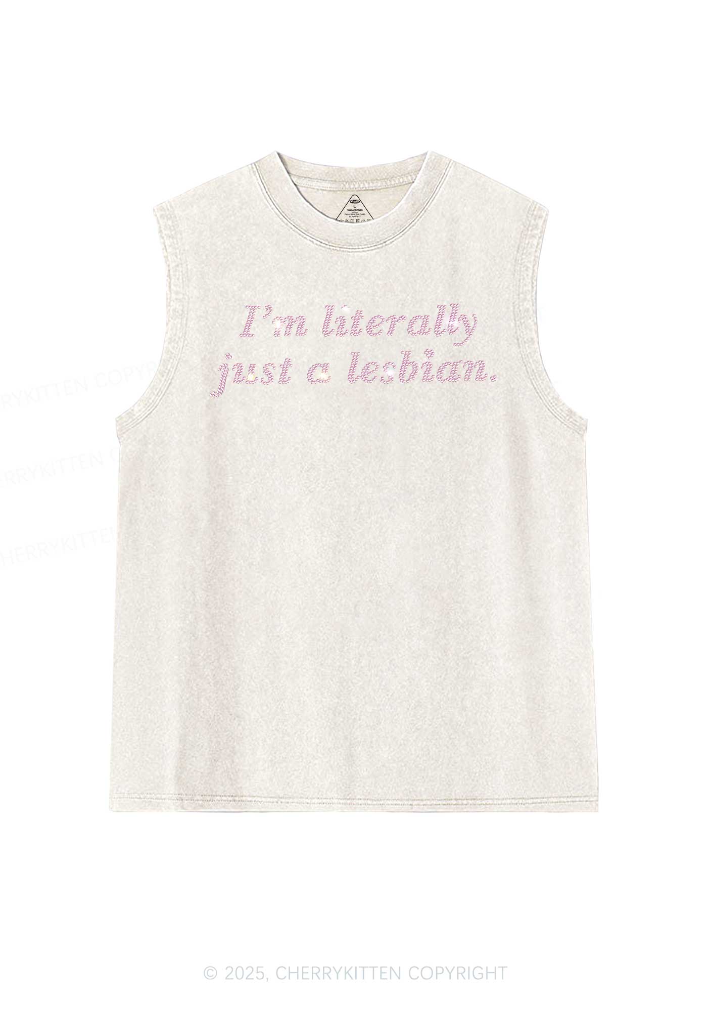 Rhinestone Literally Just A Lesbian Pride Y2K Washed Muscle Tank Cherrykitten - Image 6