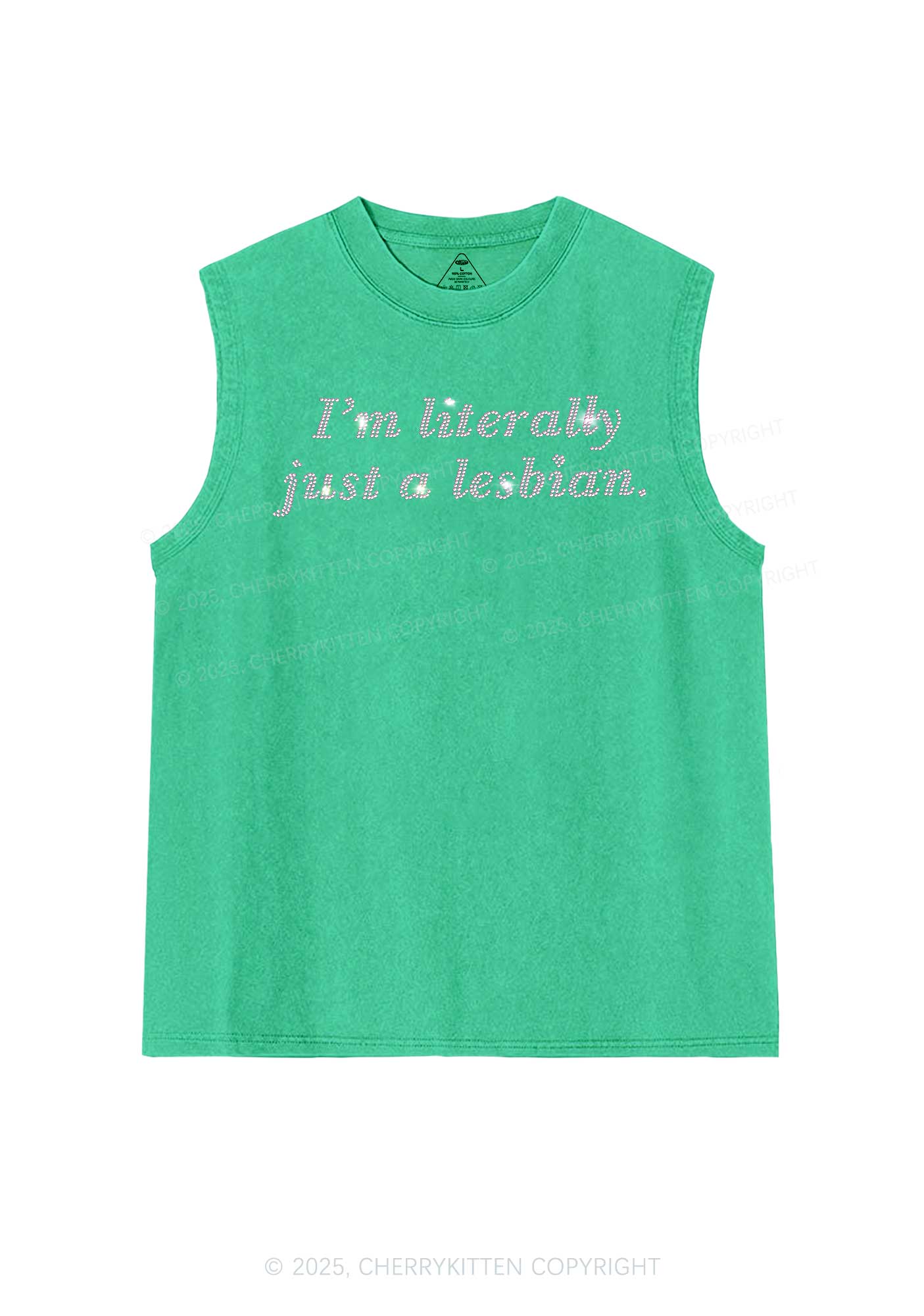 Rhinestone Literally Just A Lesbian Pride Y2K Washed Muscle Tank Cherrykitten - Image 7
