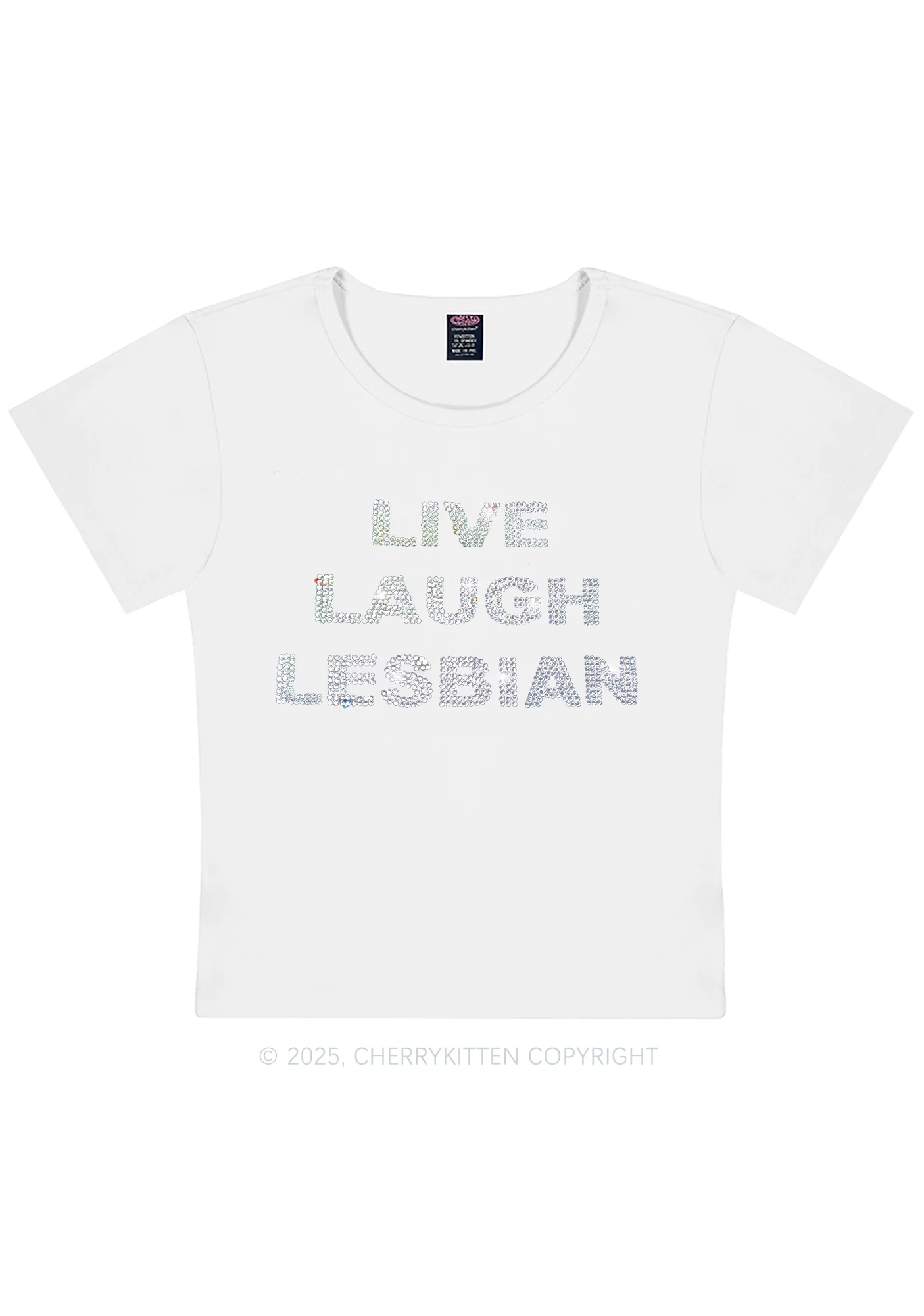 Rhinestone Live Laugh Lesbian Pride Y2K Baby Tee Cherrykitten - Image 10