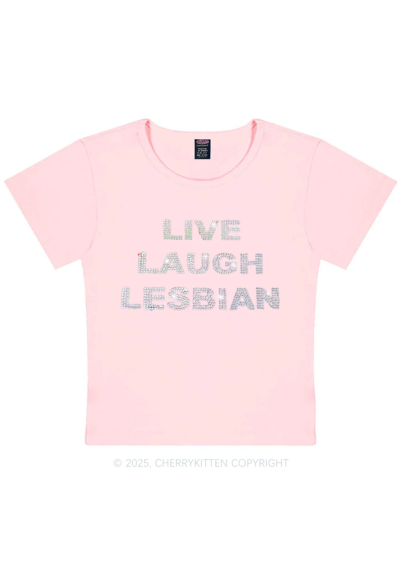 Rhinestone Live Laugh Lesbian Pride Y2K Baby Tee Cherrykitten - Image 11