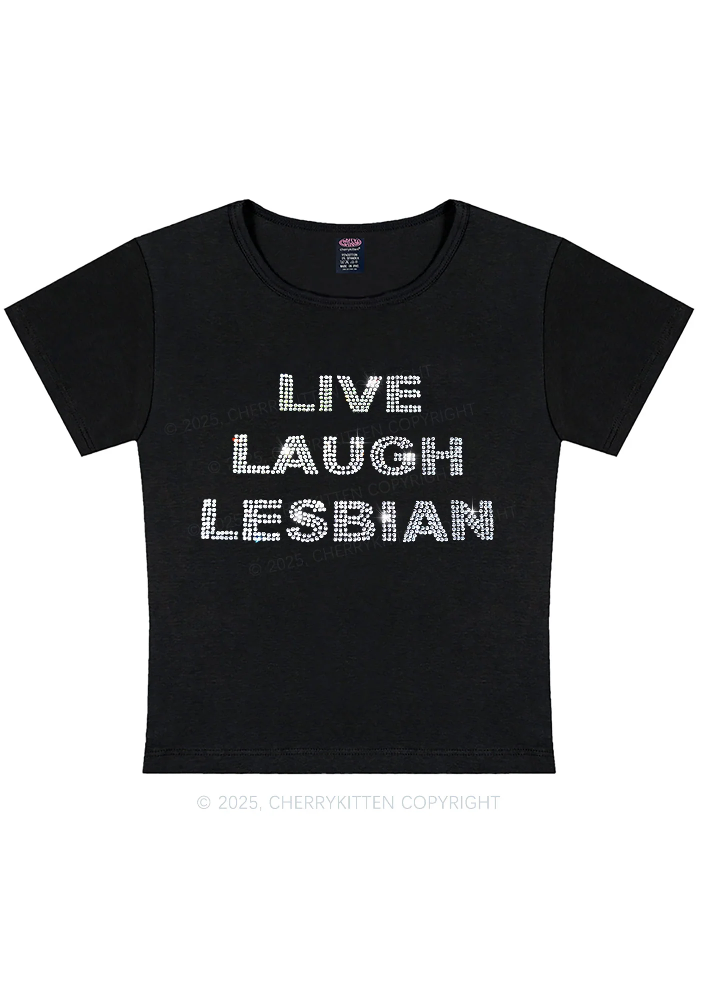 Rhinestone Live Laugh Lesbian Pride Y2K Baby Tee Cherrykitten - Image 3