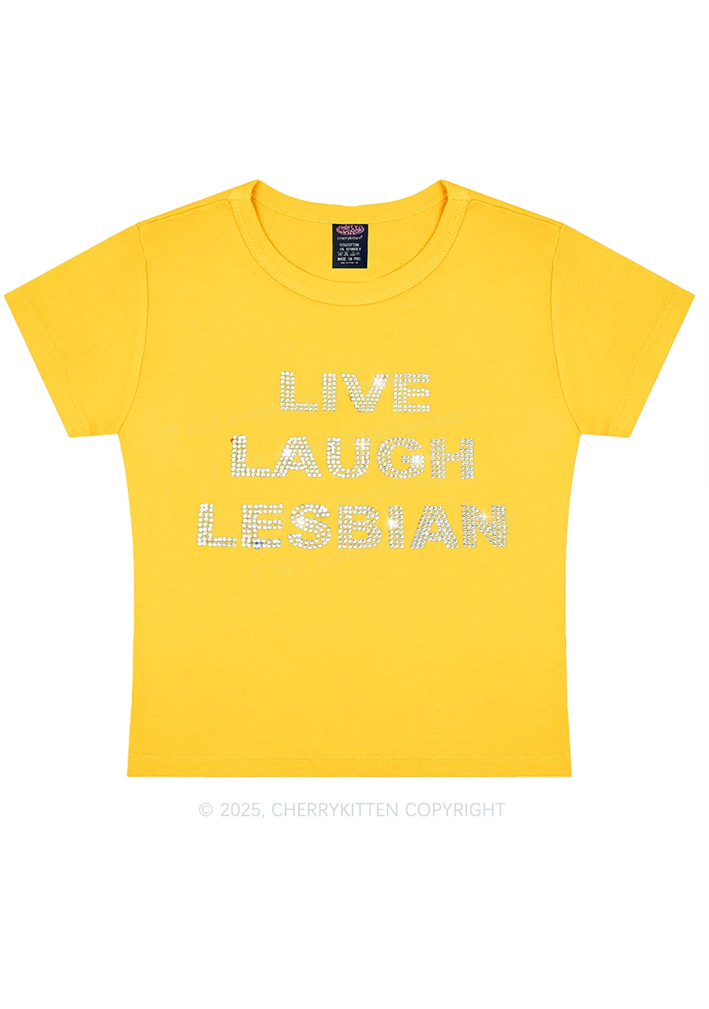 Rhinestone Live Laugh Lesbian Pride Y2K Baby Tee Cherrykitten - Image 7