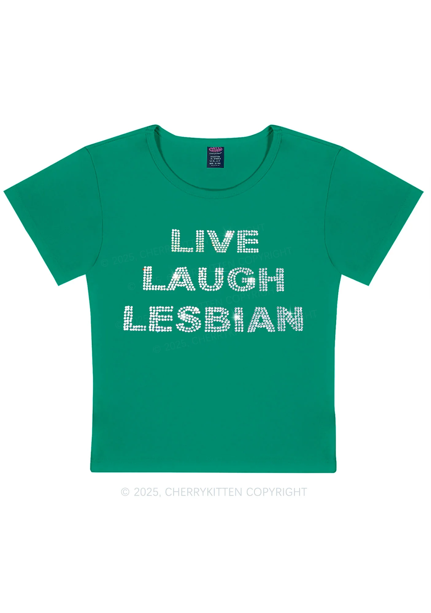 Rhinestone Live Laugh Lesbian Pride Y2K Baby Tee Cherrykitten - Image 9