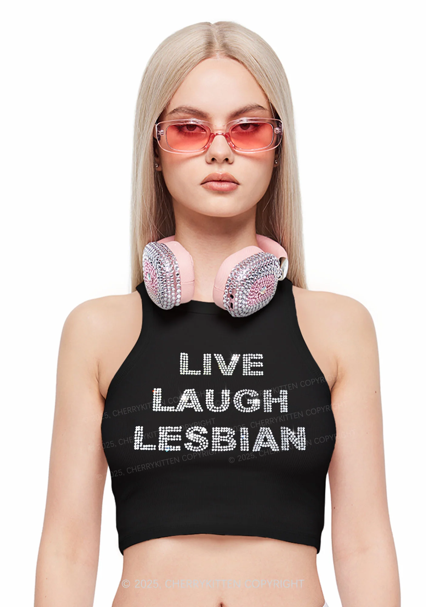 Rhinestone Live Laugh Lesbian Pride Y2K Crop Tank Top Cherrykitten - Image 2