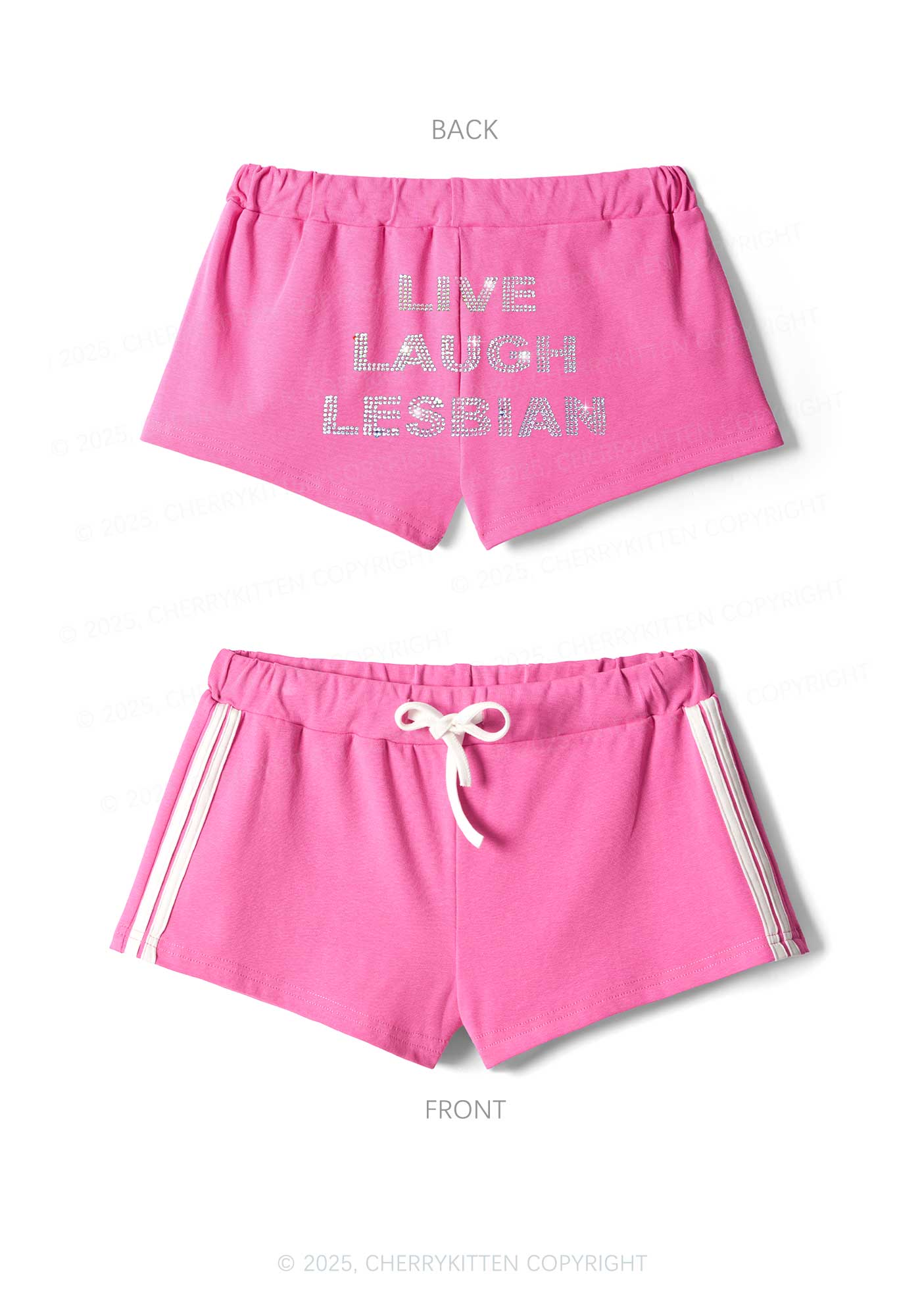 Rhinestone Live Laugh Lesbian Pride Y2K Drawstring Mini Shorts Cherrykitten - Image 3