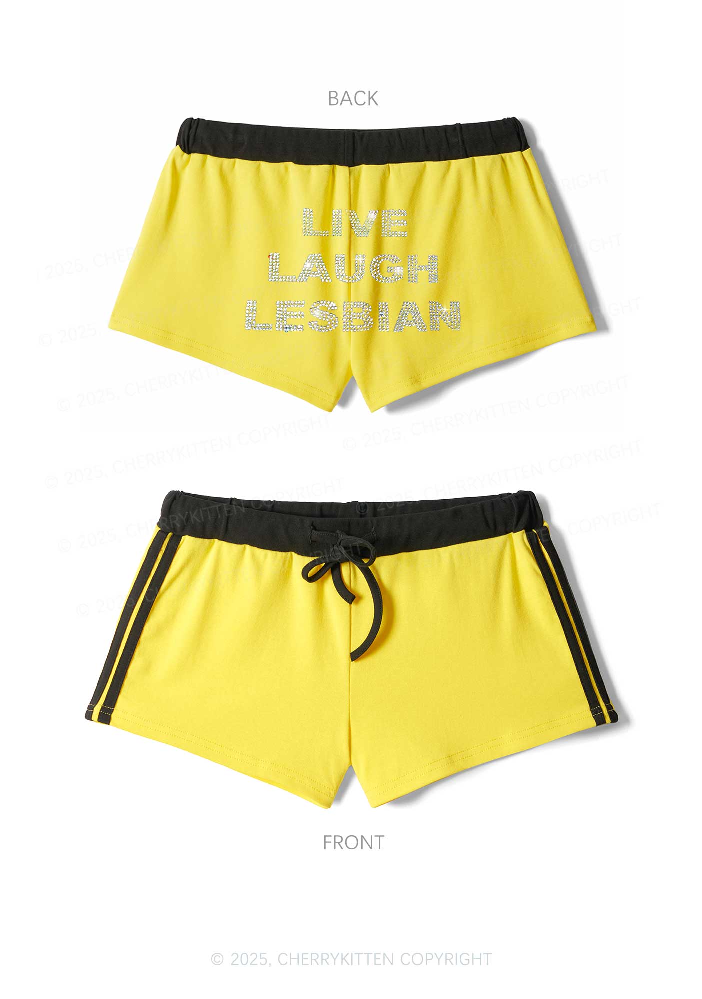 Rhinestone Live Laugh Lesbian Pride Y2K Drawstring Mini Shorts Cherrykitten - Image 5