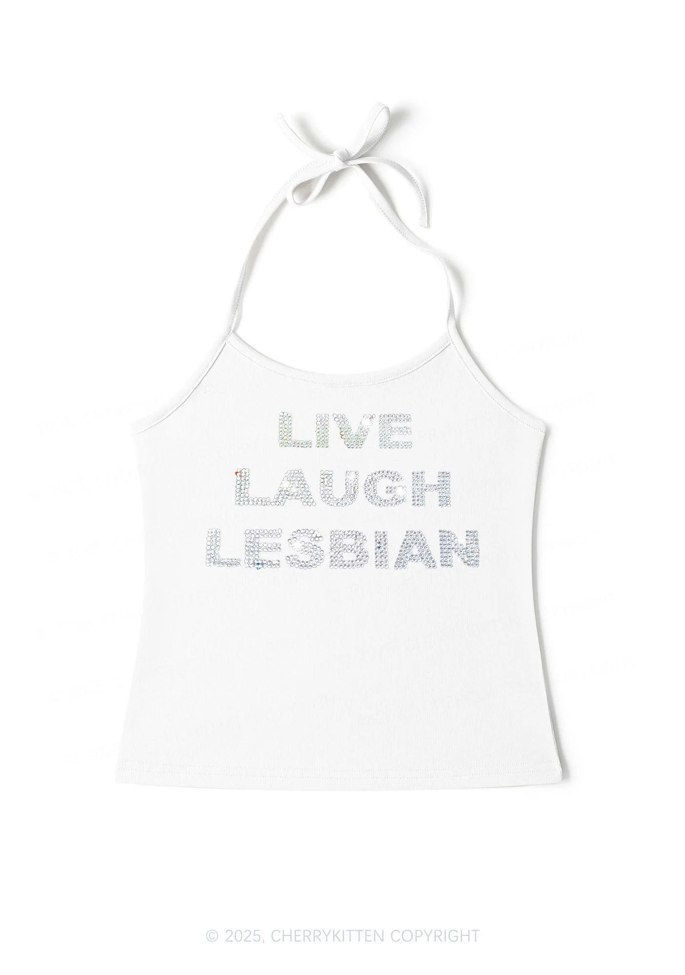 Rhinestone Live Laugh Lesbian Pride Y2K Halter Neck Cami Cherrykitten - Image 3