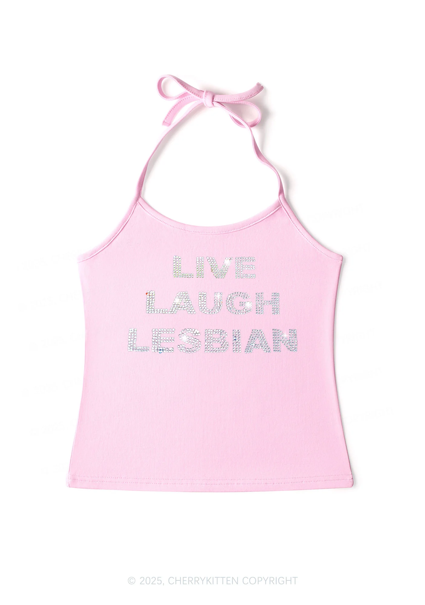 Rhinestone Live Laugh Lesbian Pride Y2K Halter Neck Cami Cherrykitten - Image 4