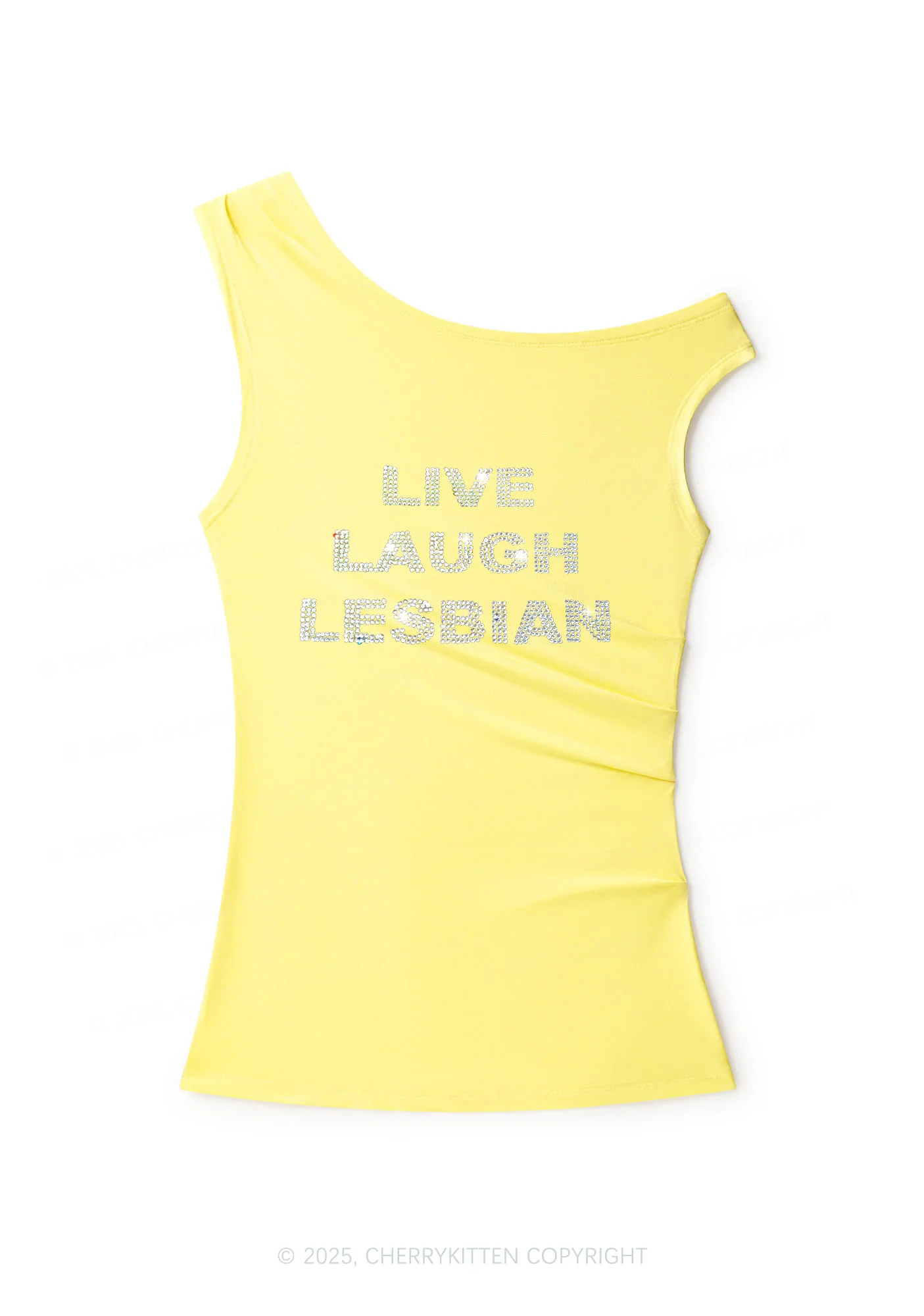 Rhinestone Live Laugh Lesbian Pride Y2K Off Shoulder Tank Top Cherrykitten - Image 2