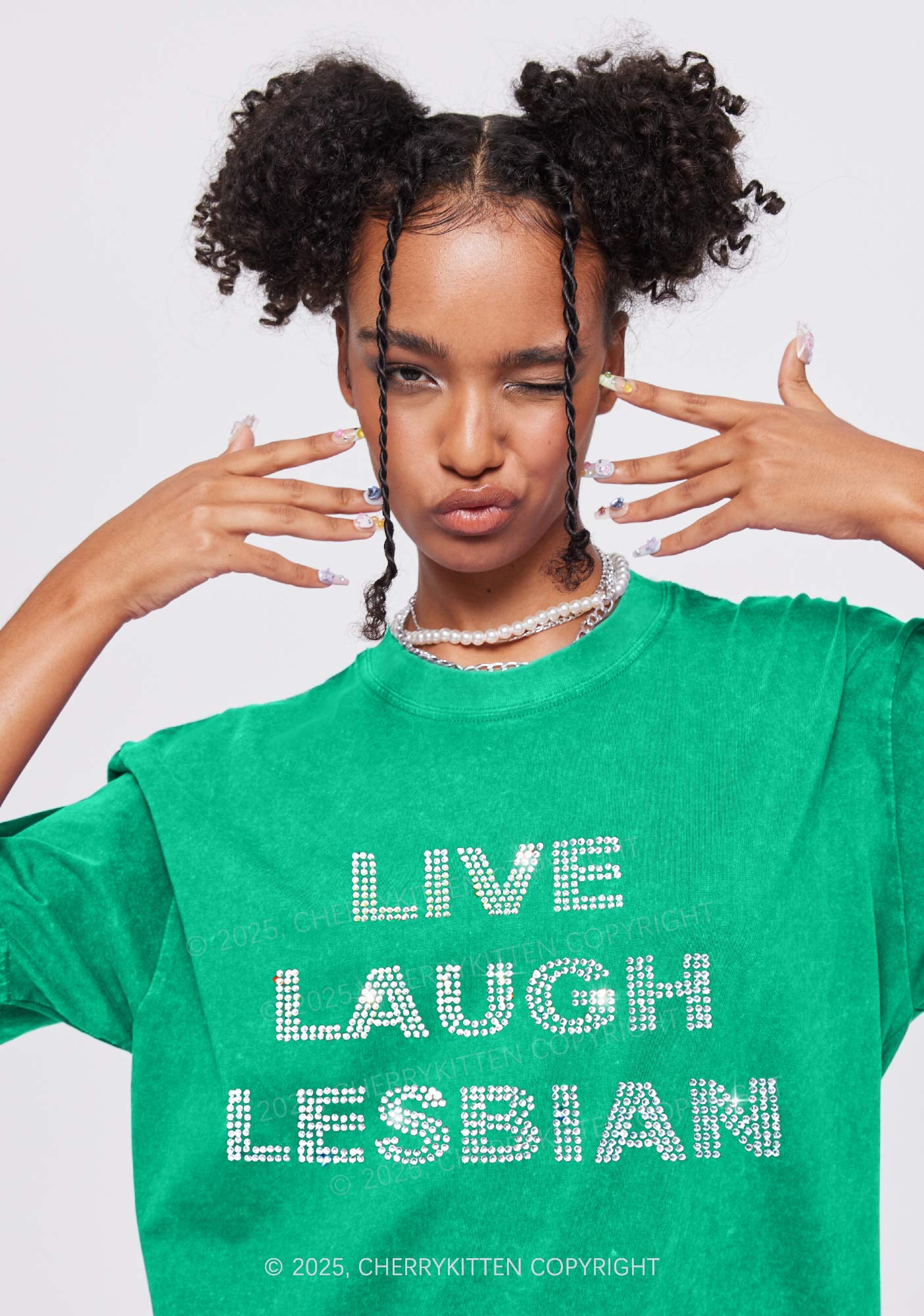 Rhinestone Live Laugh Lesbian Pride Y2K Shirts Washed Tee Cherrykitten - Image 2