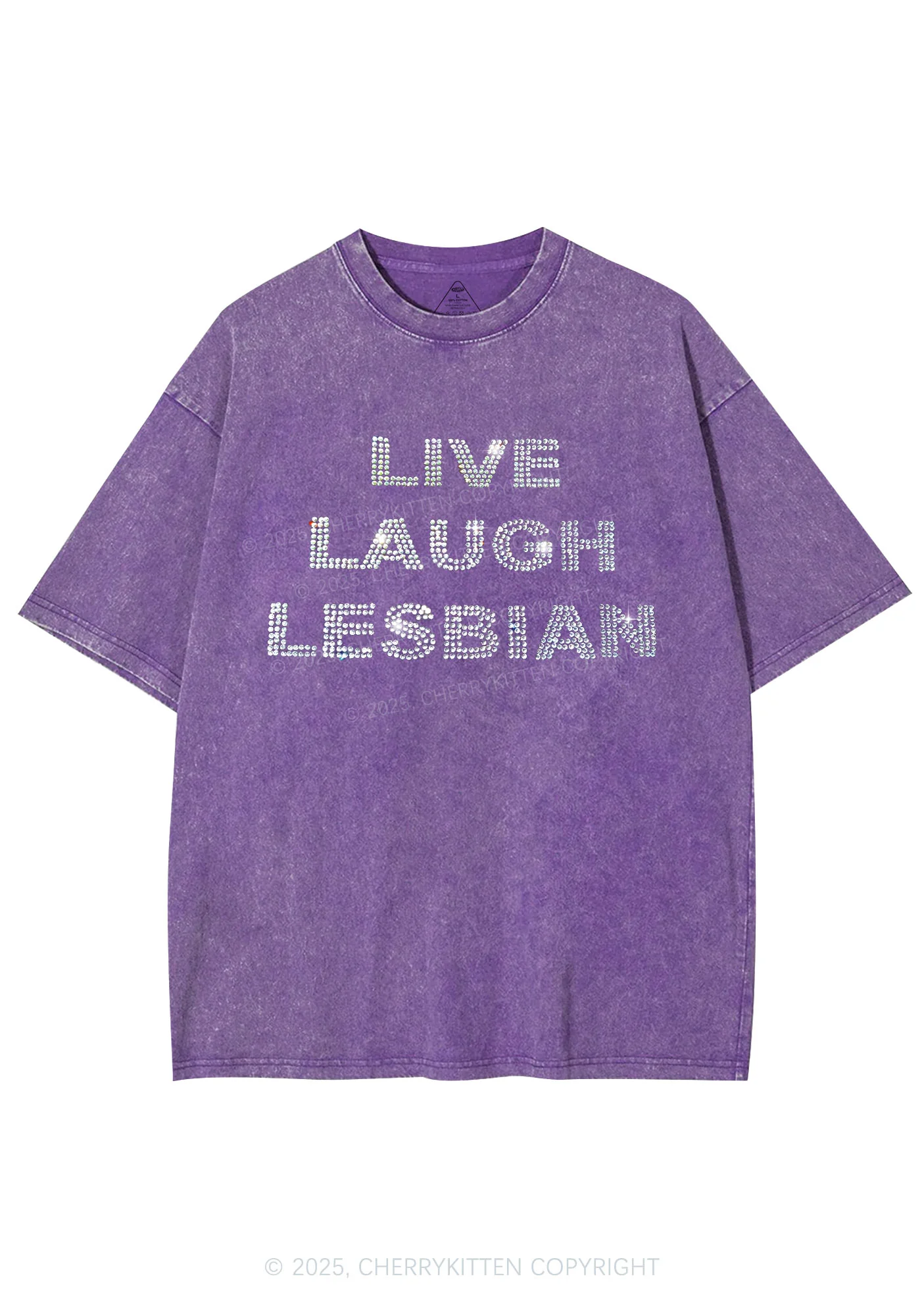 Rhinestone Live Laugh Lesbian Pride Y2K Shirts Washed Tee Cherrykitten - Image 4