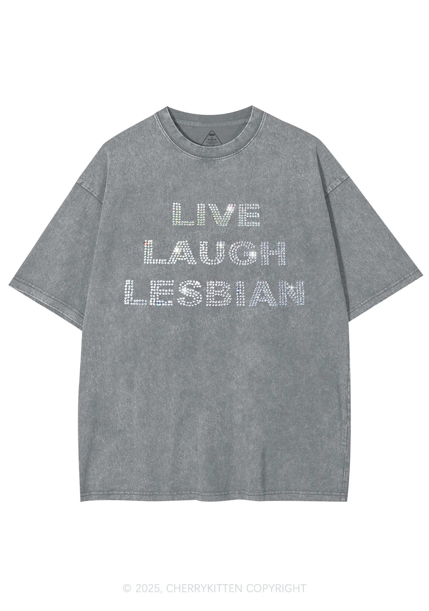 Rhinestone Live Laugh Lesbian Pride Y2K Shirts Washed Tee Cherrykitten - Image 7