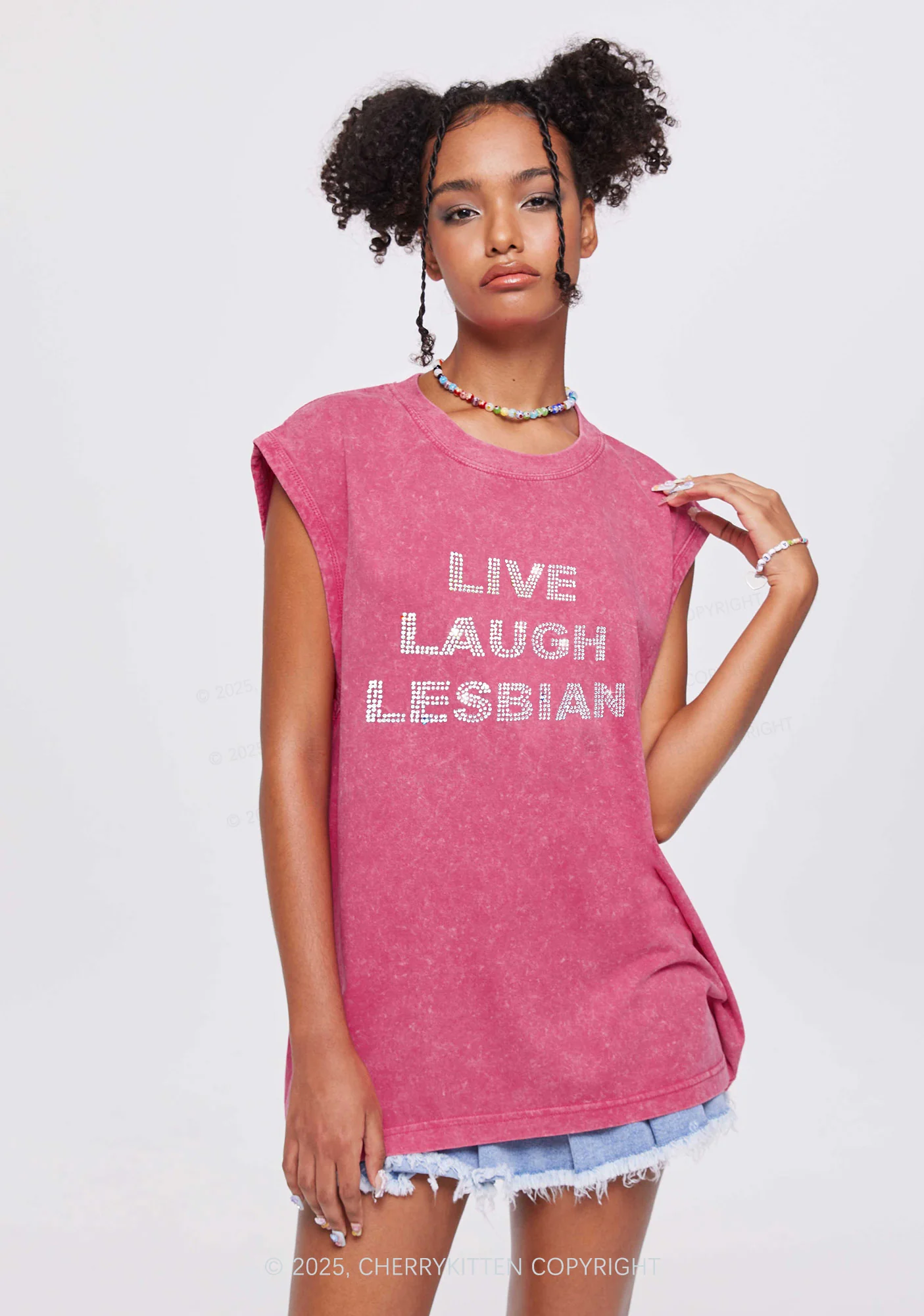 Rhinestone Live Laugh Lesbian Pride Y2K Washed Muscle Tank Cherrykitten - Image 2